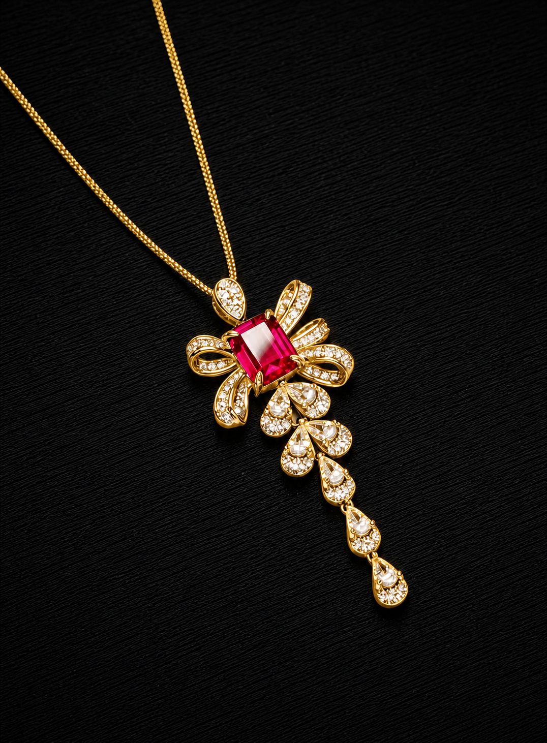 Emerald Brilliant Cut Ruby Necklace - Ribbon Reverie