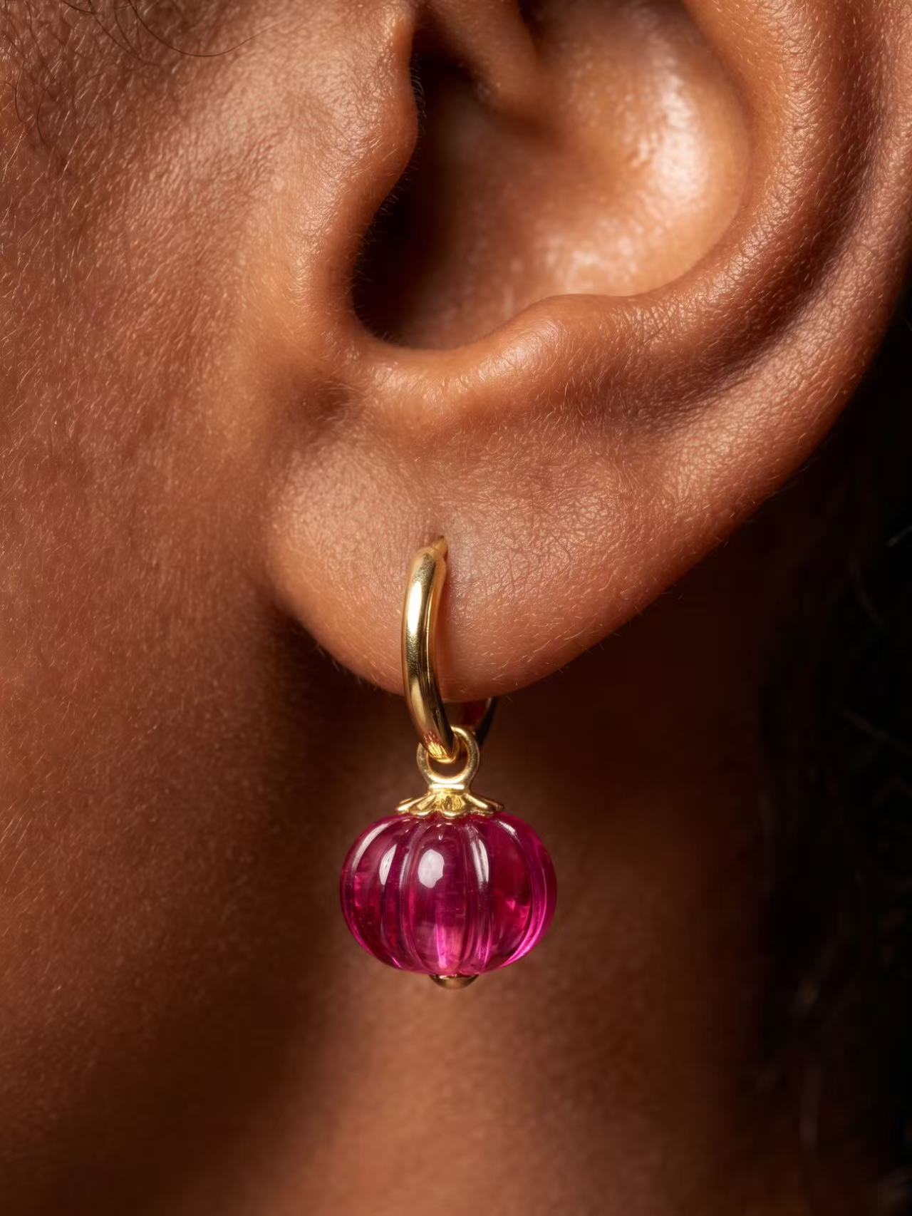 Carved Melon Cut Ruby Earrings - Morgana