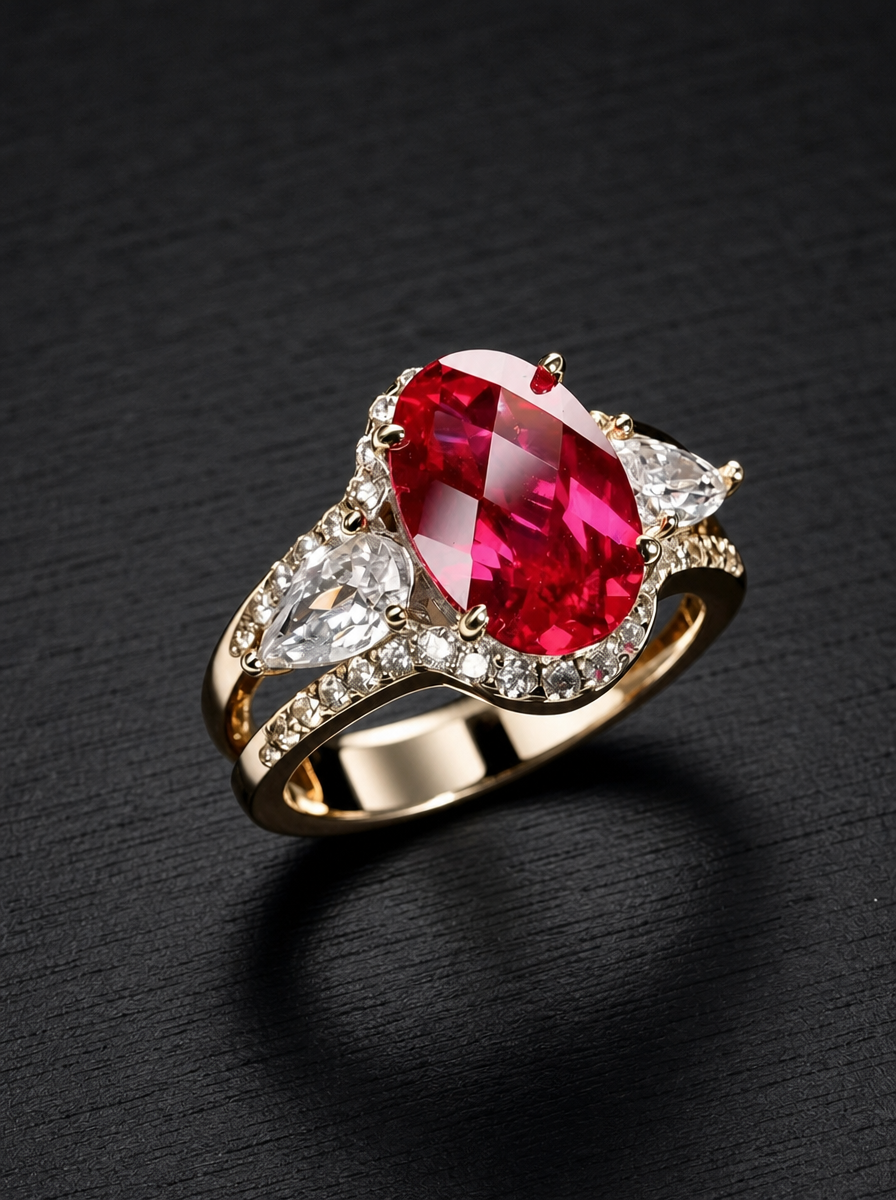 Ruby-Checkered Brilliant Cut Ring - Crimson Illusion 