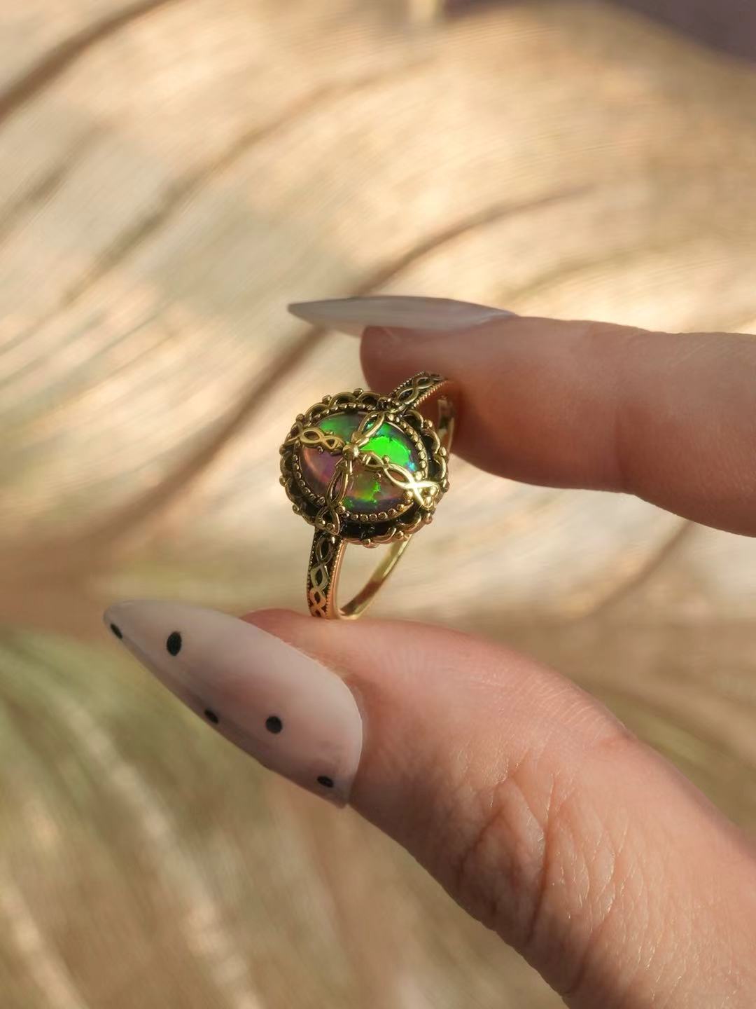 Round Brilliant Cut Cabochon Opal Ring - Black Warrior