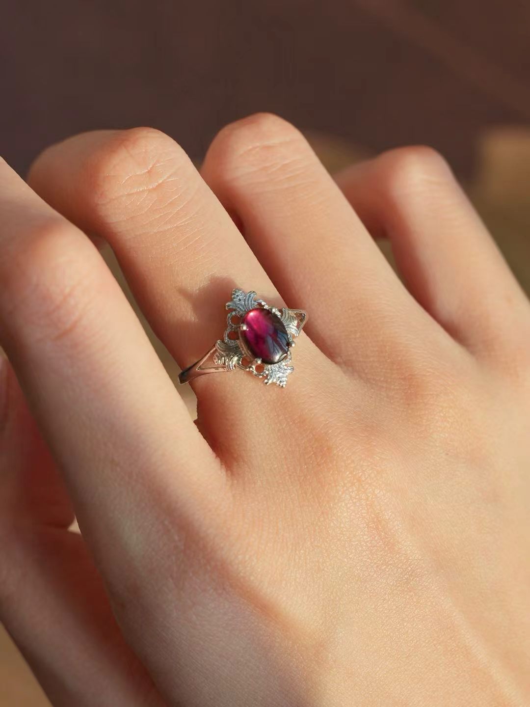 Garnet Ring-Cabochon Cut-Crimson Blossom