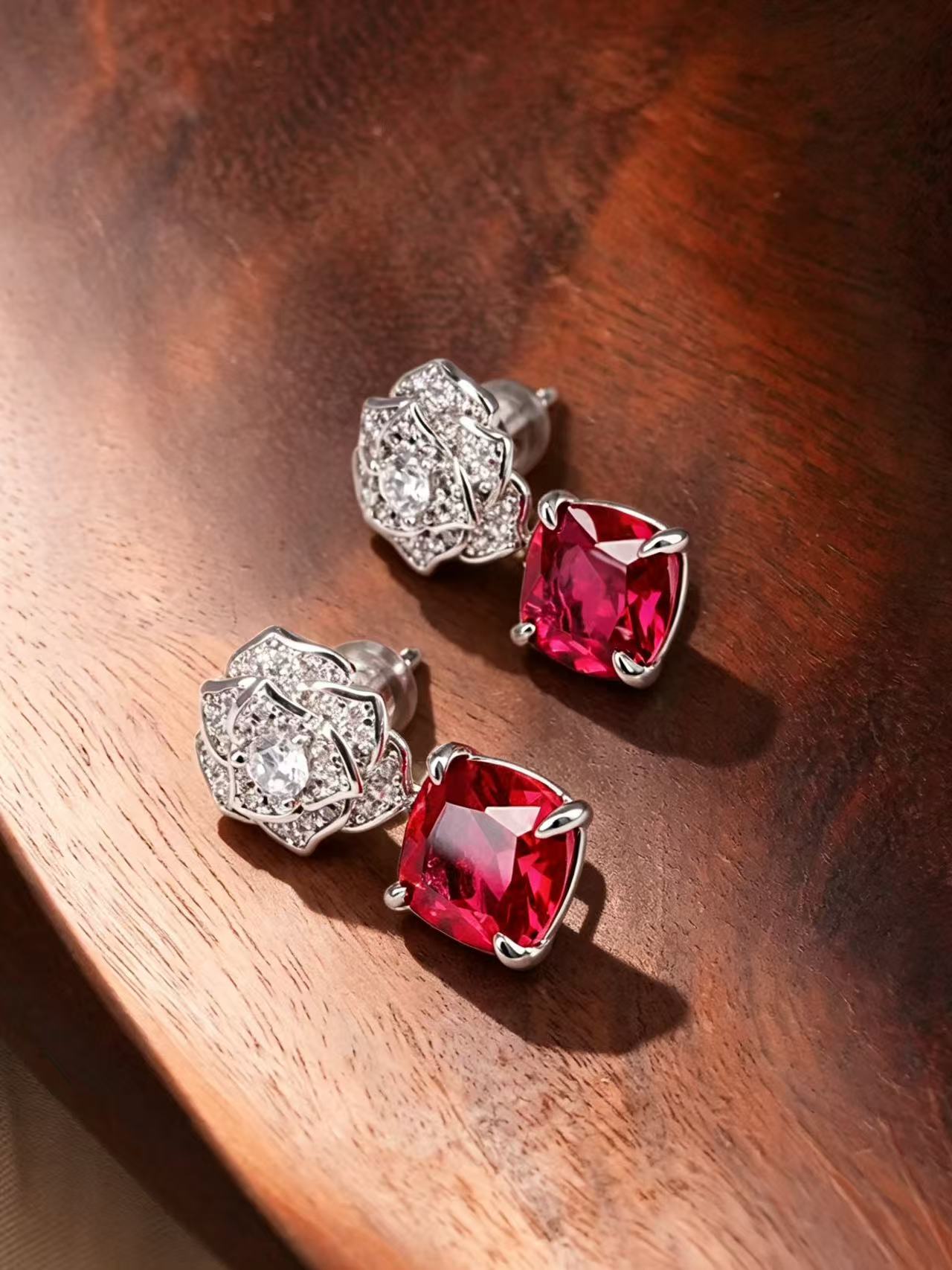 Cushion Brilliant Cut Ruby Earring - Rosebud 