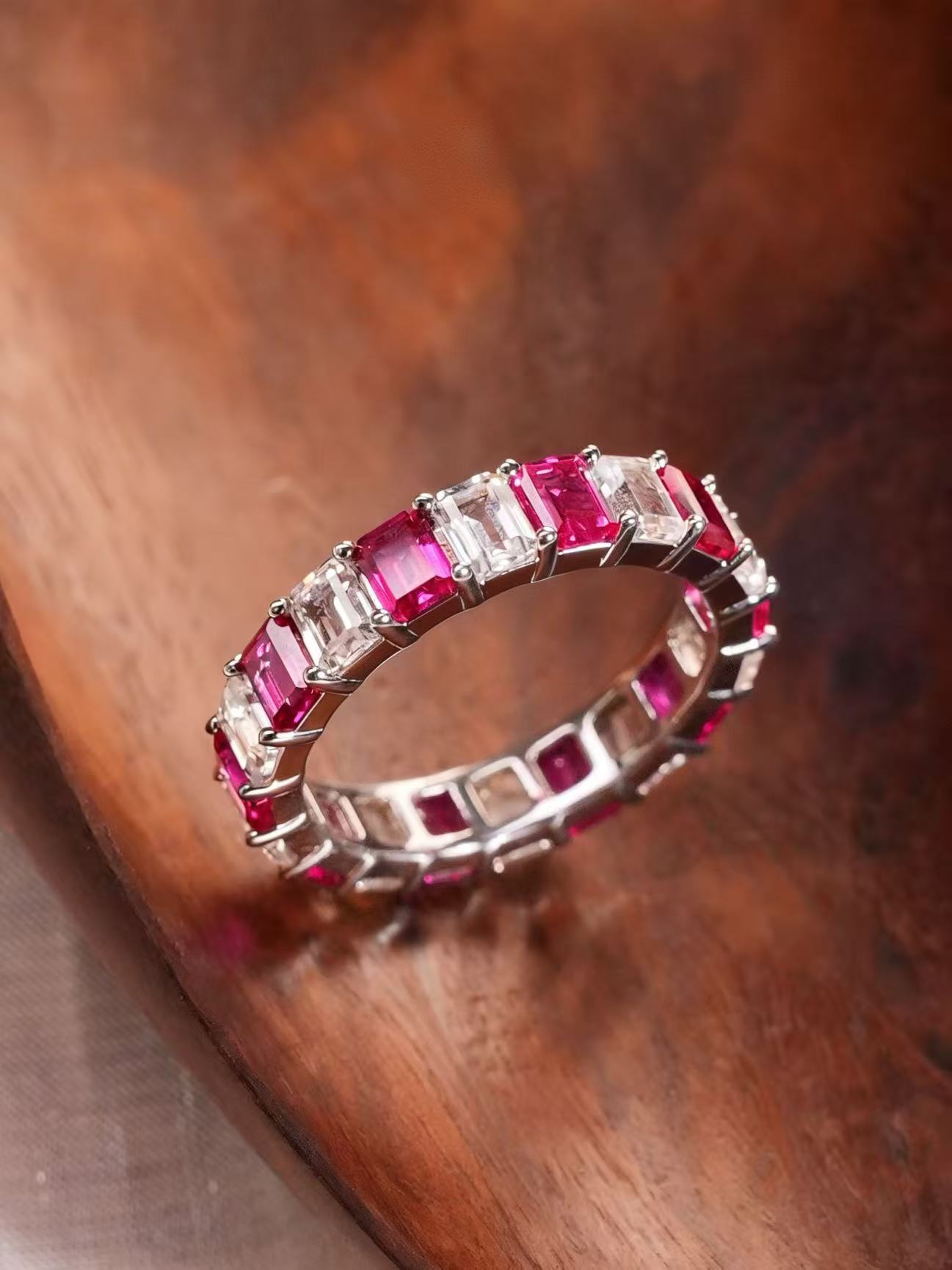 Emerald Brilliant Cut Ruby/White Sapphire Ring - Enchanted Gem Duet