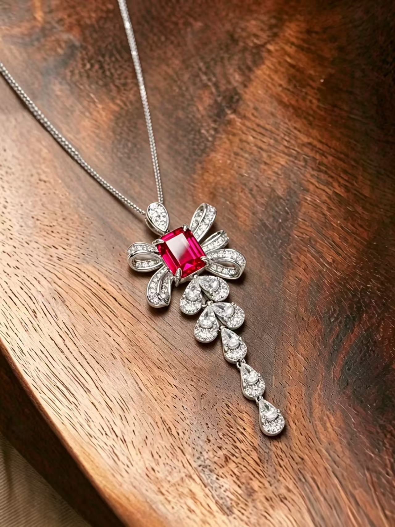 Emerald Brilliant Cut Ruby Necklace - Ribbon Reverie