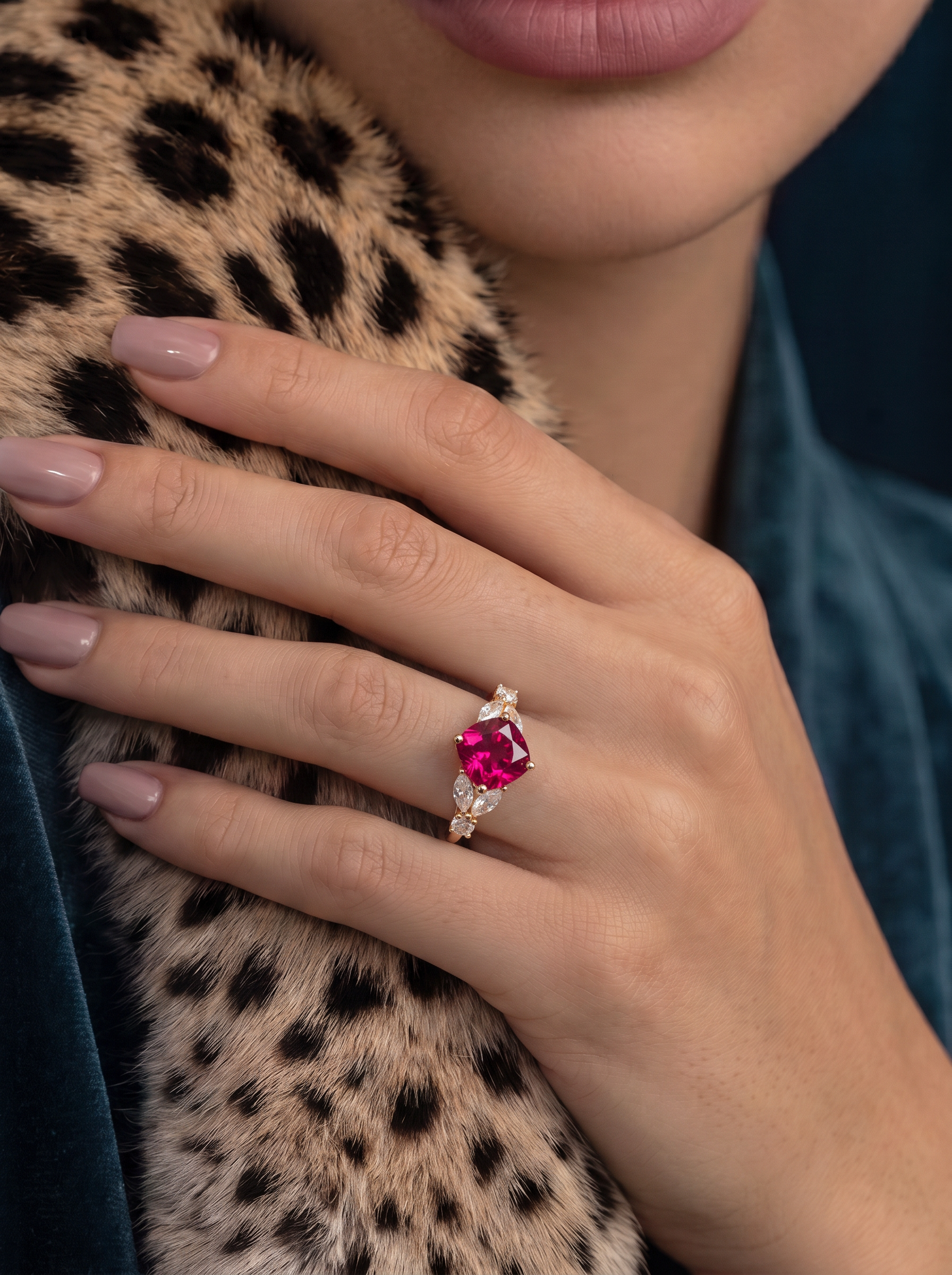 Cushion Brilliant Cut Ruby Ring - Scarlet Spray