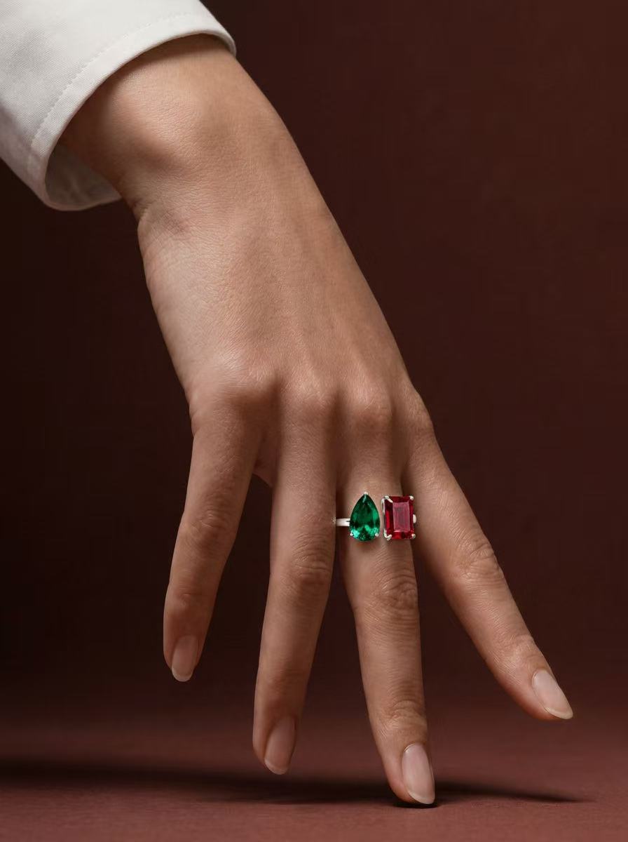 Adjustable Ring Set with Emerald and Ruby