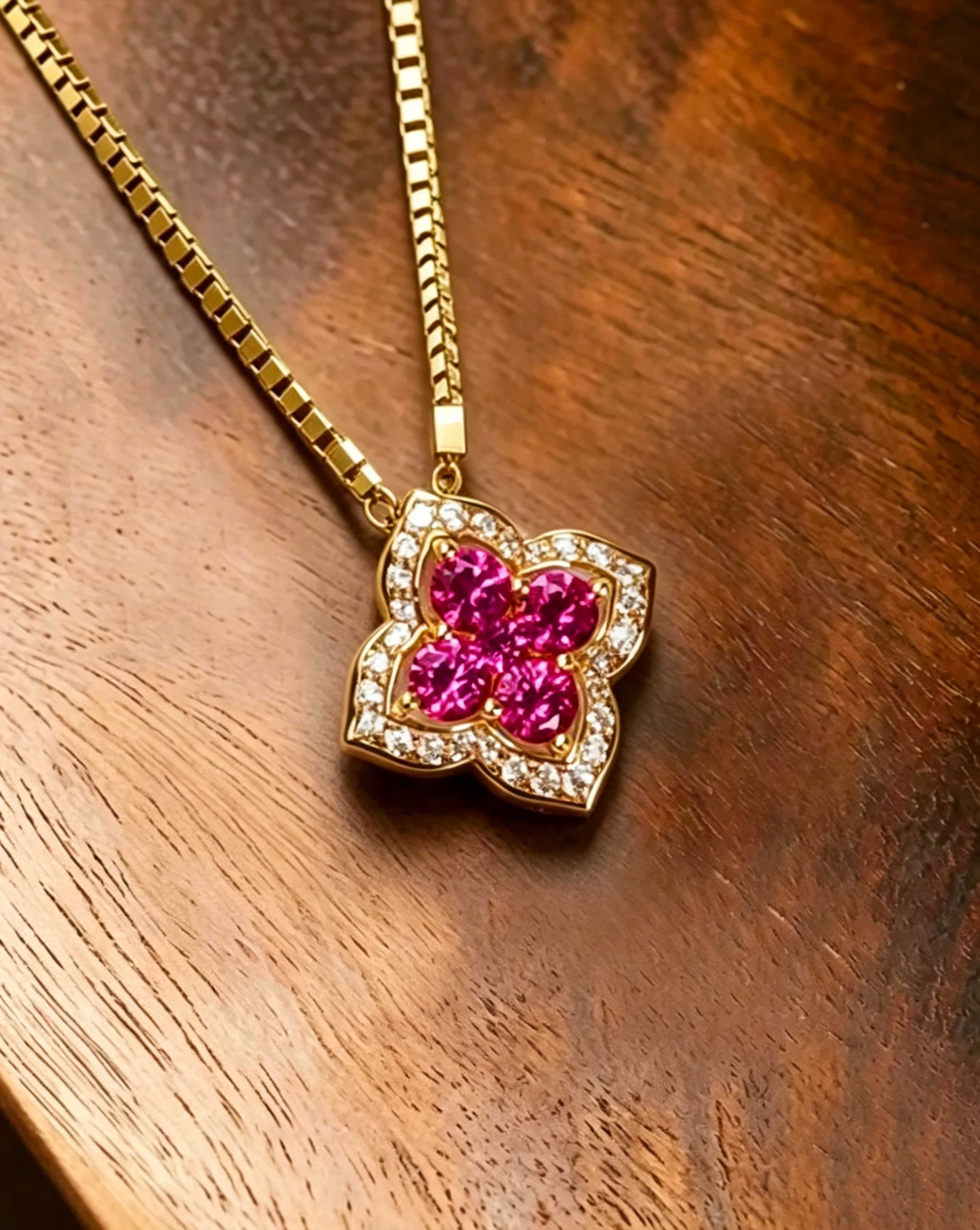 Round Brilliant Cut Ruby Necklace - The Four Leaf Charm 