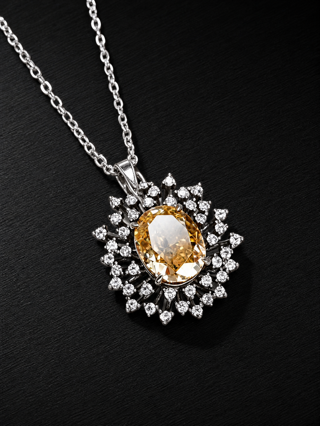 Cubic Zirconia-Oval Brilliant Cut Necklace-Golden Sunburst
