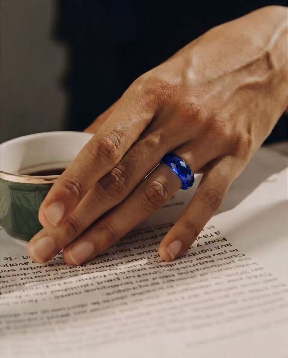360-Degree Faceted Royal Blue Sapphire Ring - Wide-band