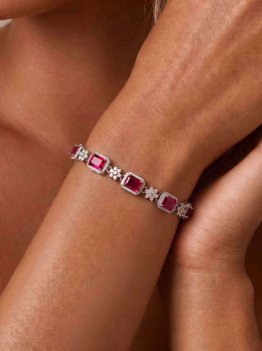 Emerald Brilliant cut Ruby Bracelet - Crimson Bloom
