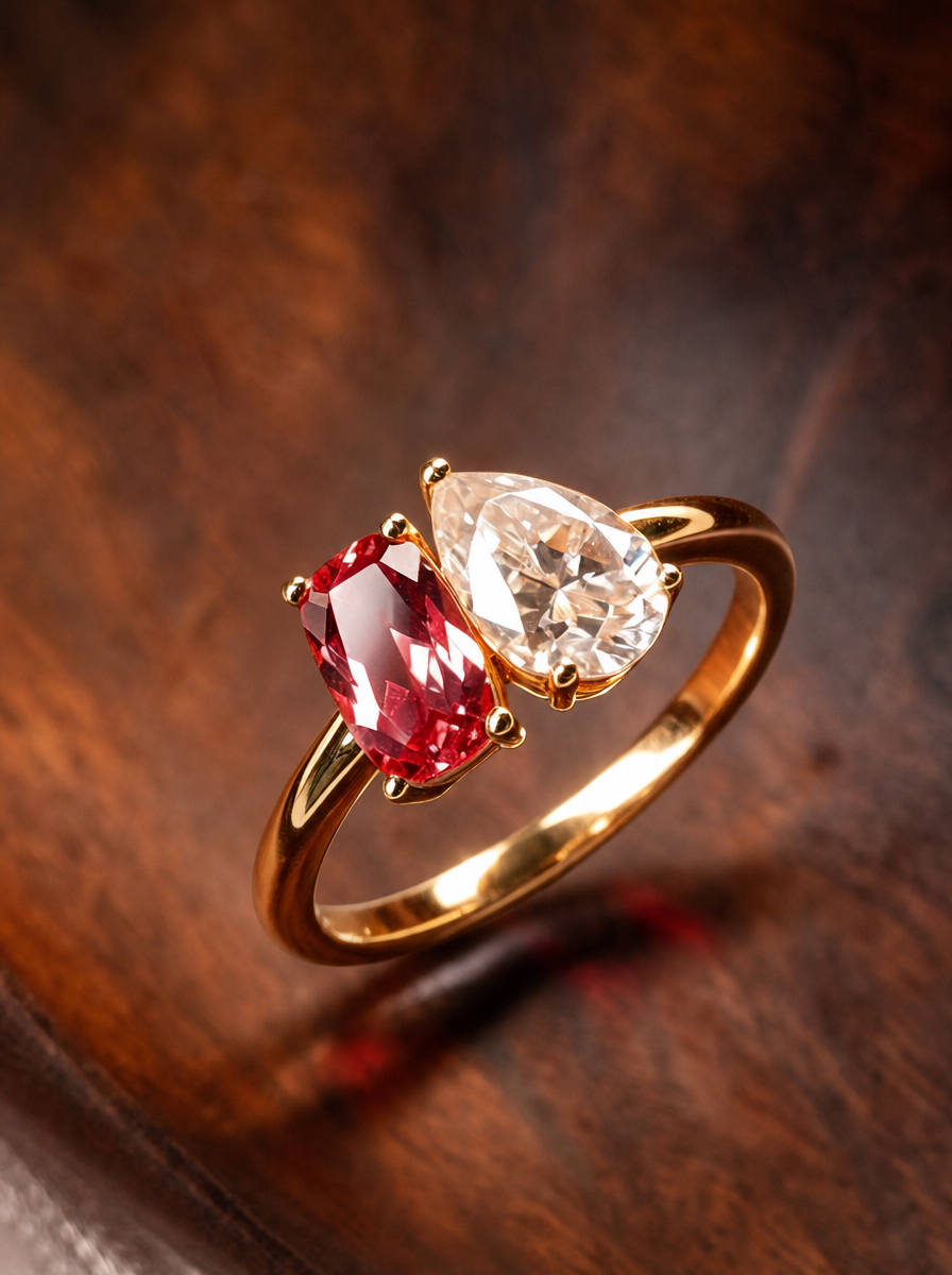 Padparadscha and Moissanite Toi Et Moi Ring - Amore Duo