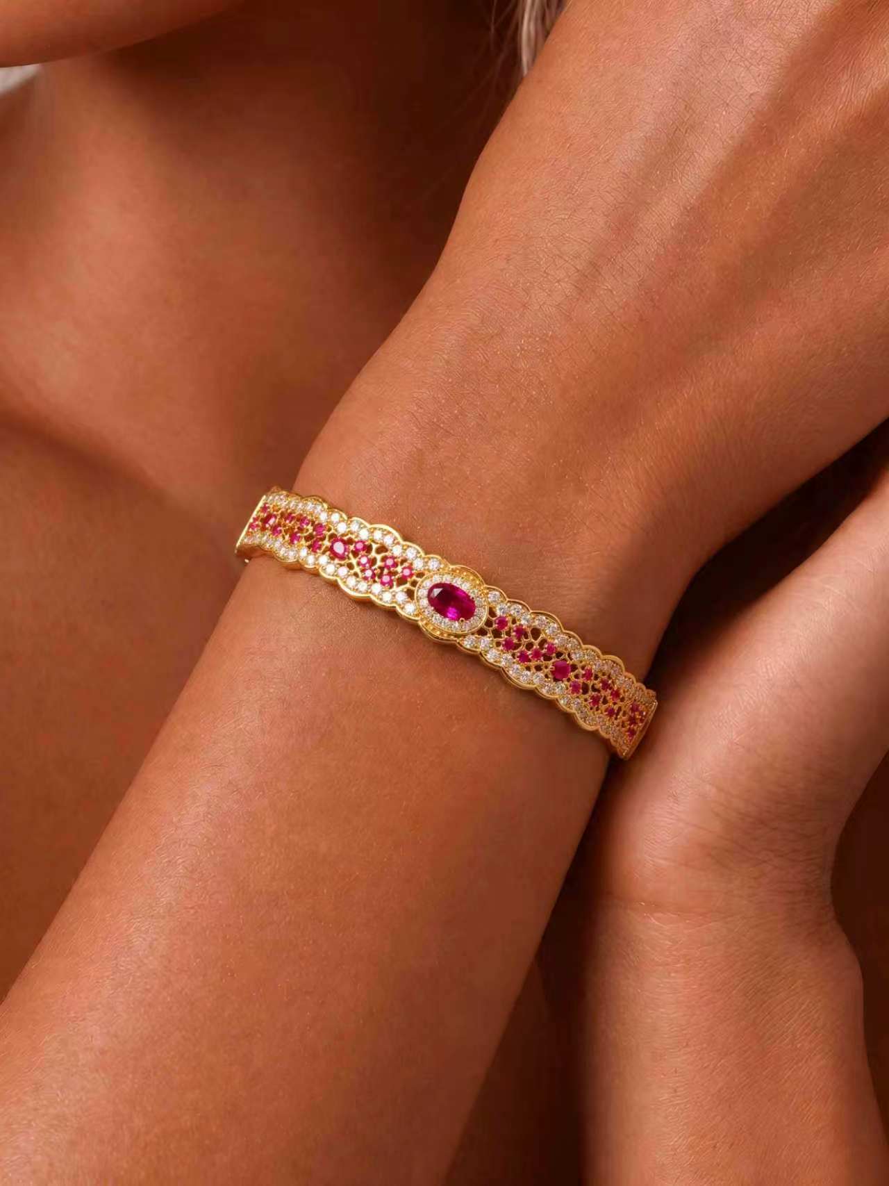 Ruby-Oval Brilliant Cut Bangle-Filigree Ruby