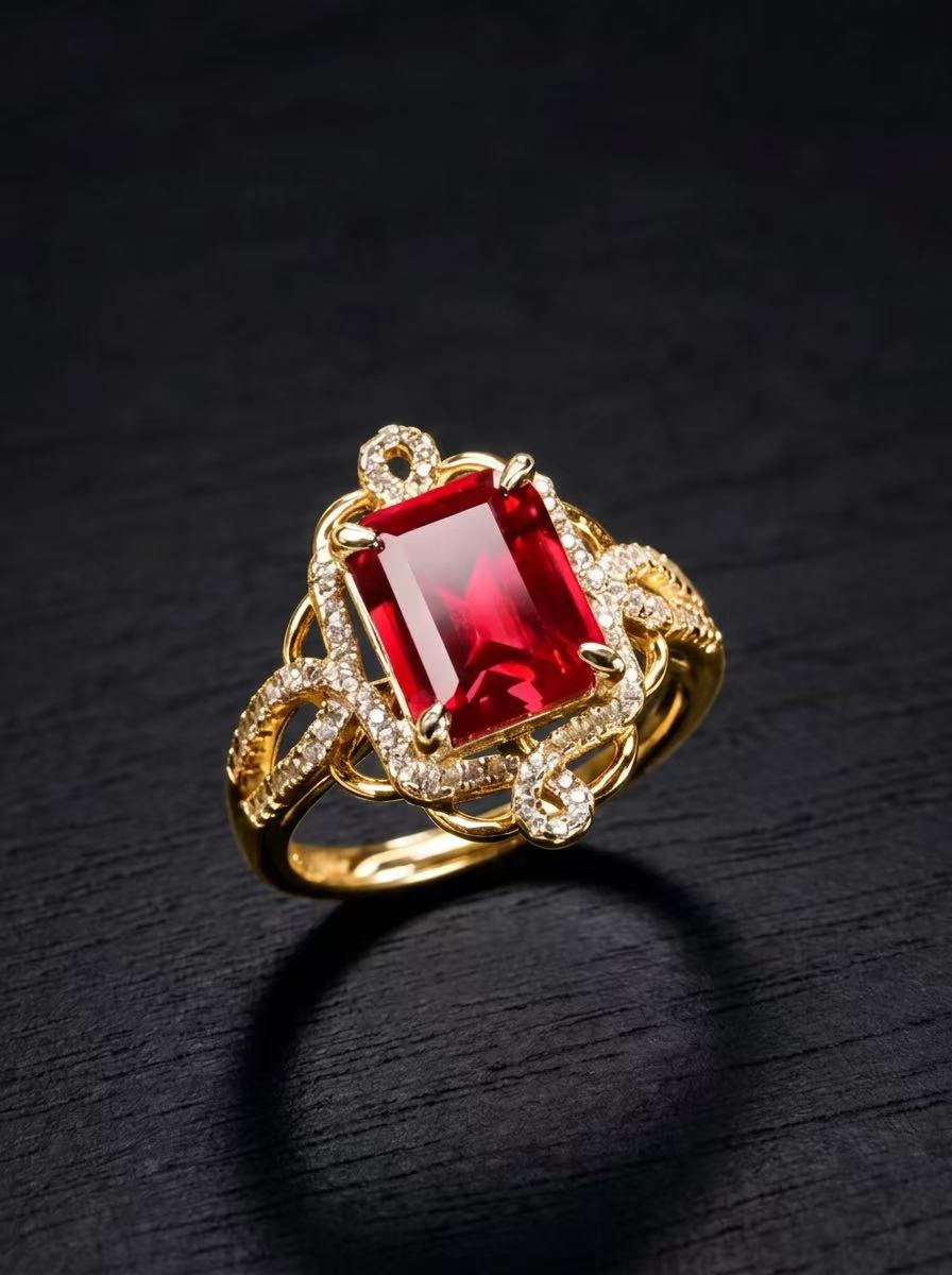 Ruby-Emerald Brilliant Cut Ring-Scarlet Serenade