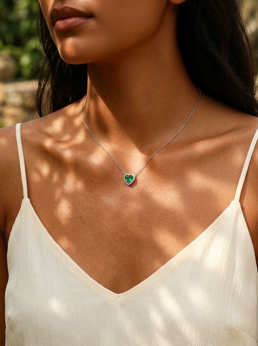 Heart Brilliant Cut Emerald Necklace -  Vivid Heart Treasures