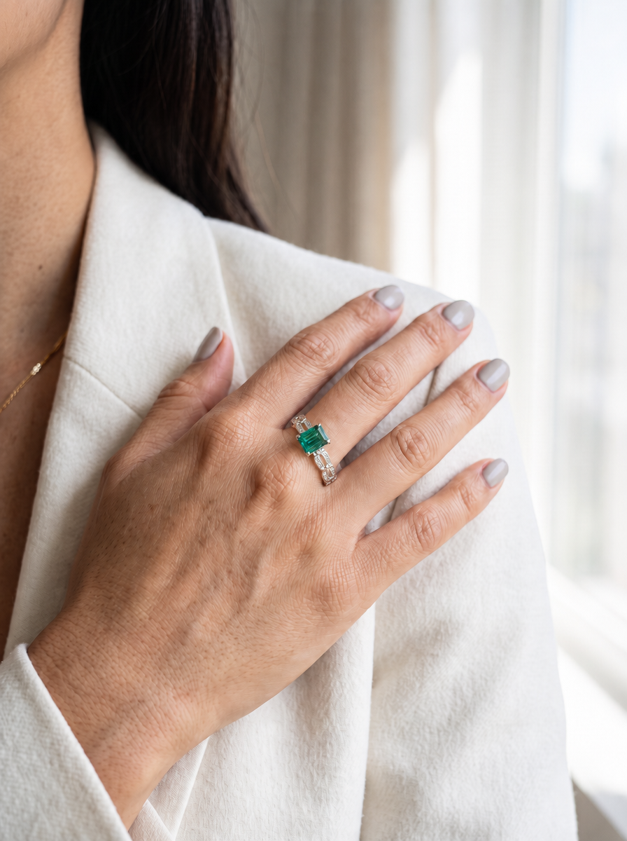 Emerald Brilliant Cut Emerald Ring - Verdant Poise