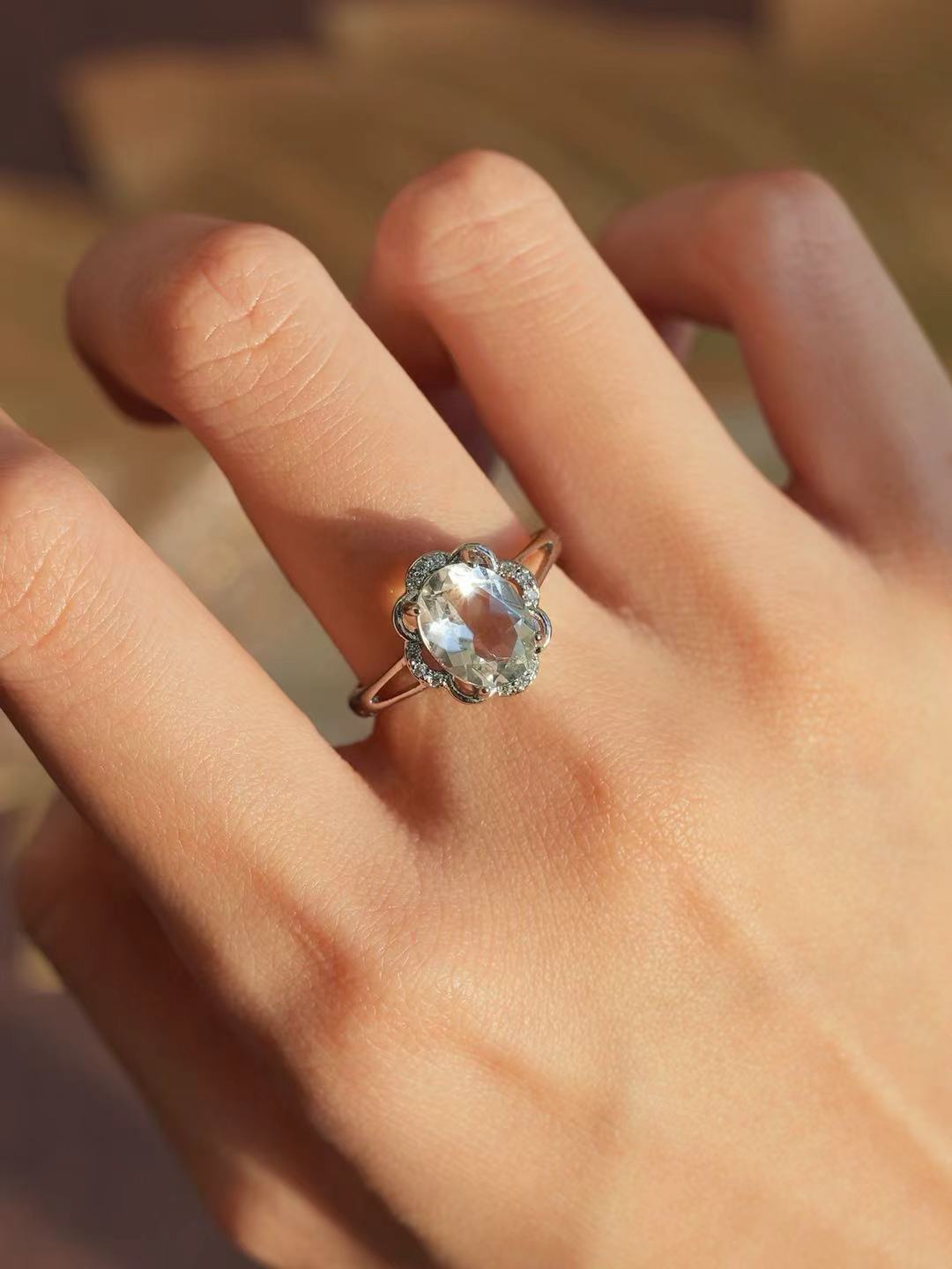 Oval Brilliant Cut White Crystal Ring - Snow Lotus