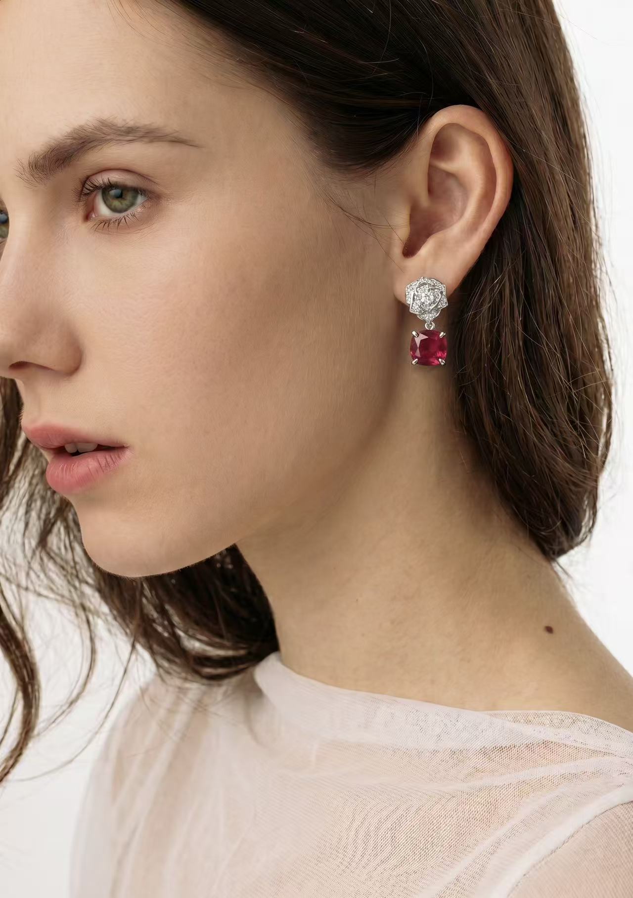 Cushion Brilliant Cut Ruby Earring - Rosebud 