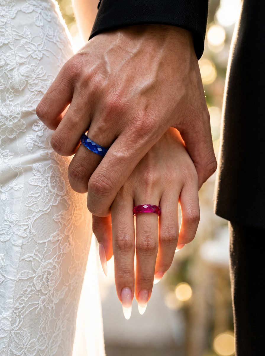 Ruby + Royal Blue Sapphire - 360-Degree Faceted Rings