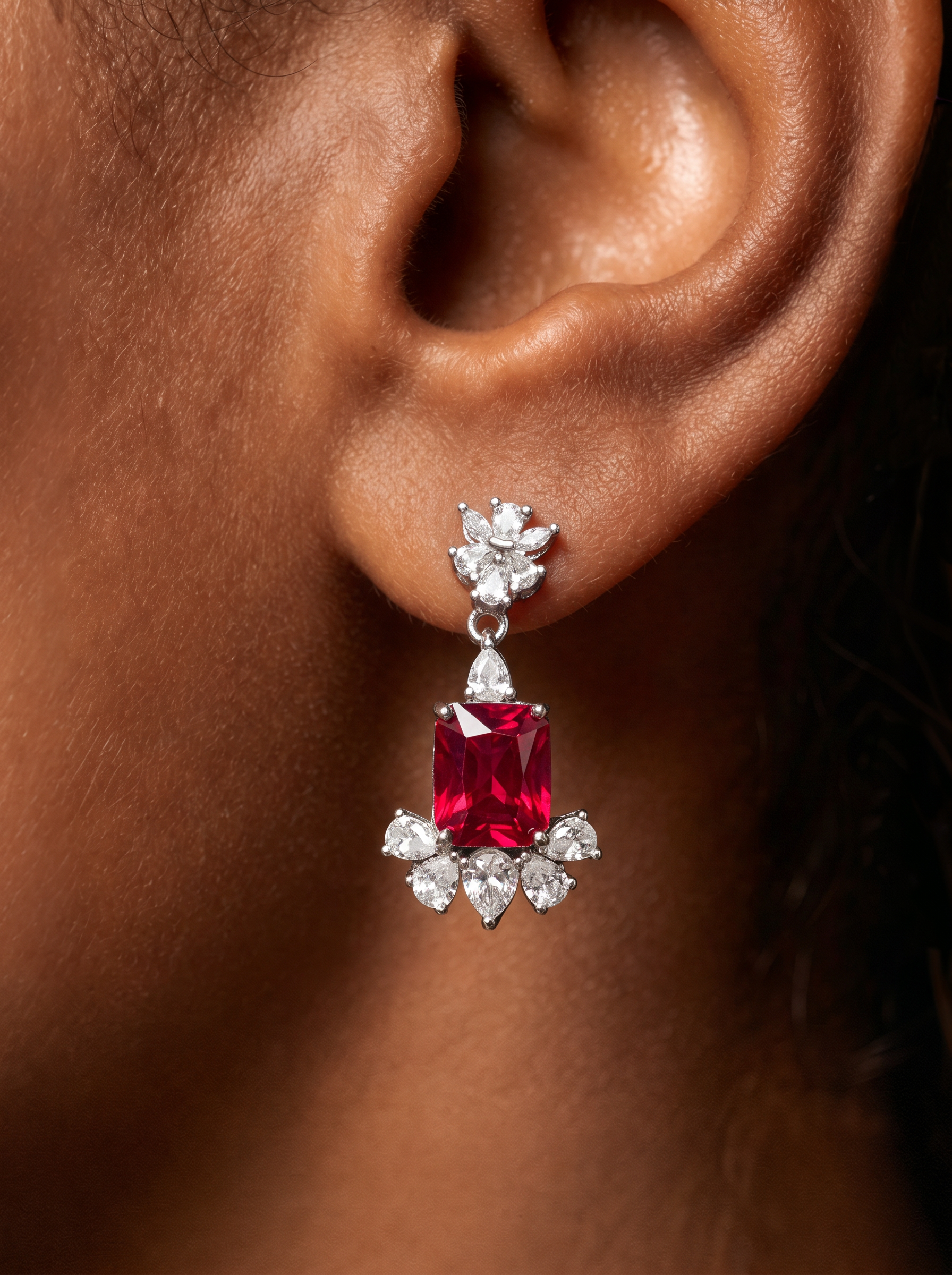 Rectangular Brilliant Cut Ruby Earrings - Petal Pendency