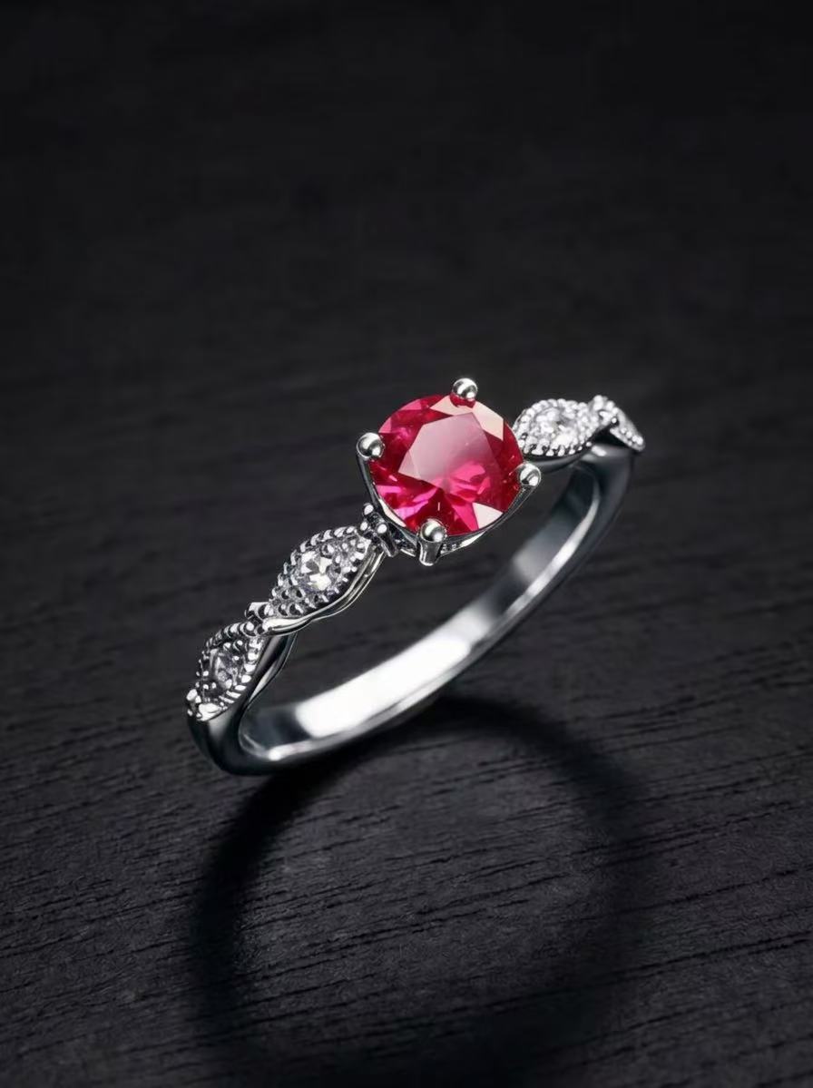 Ruby-Round Brilliant Ring-Floral Elegance