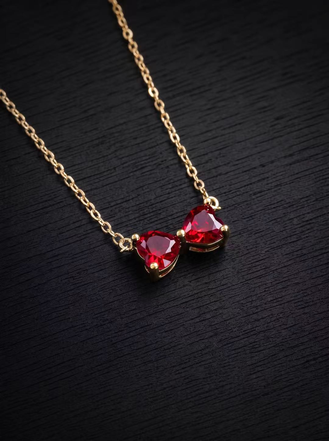 Ruby-Heart Brilliant Cut Necklace-Twin Crimson Hearts