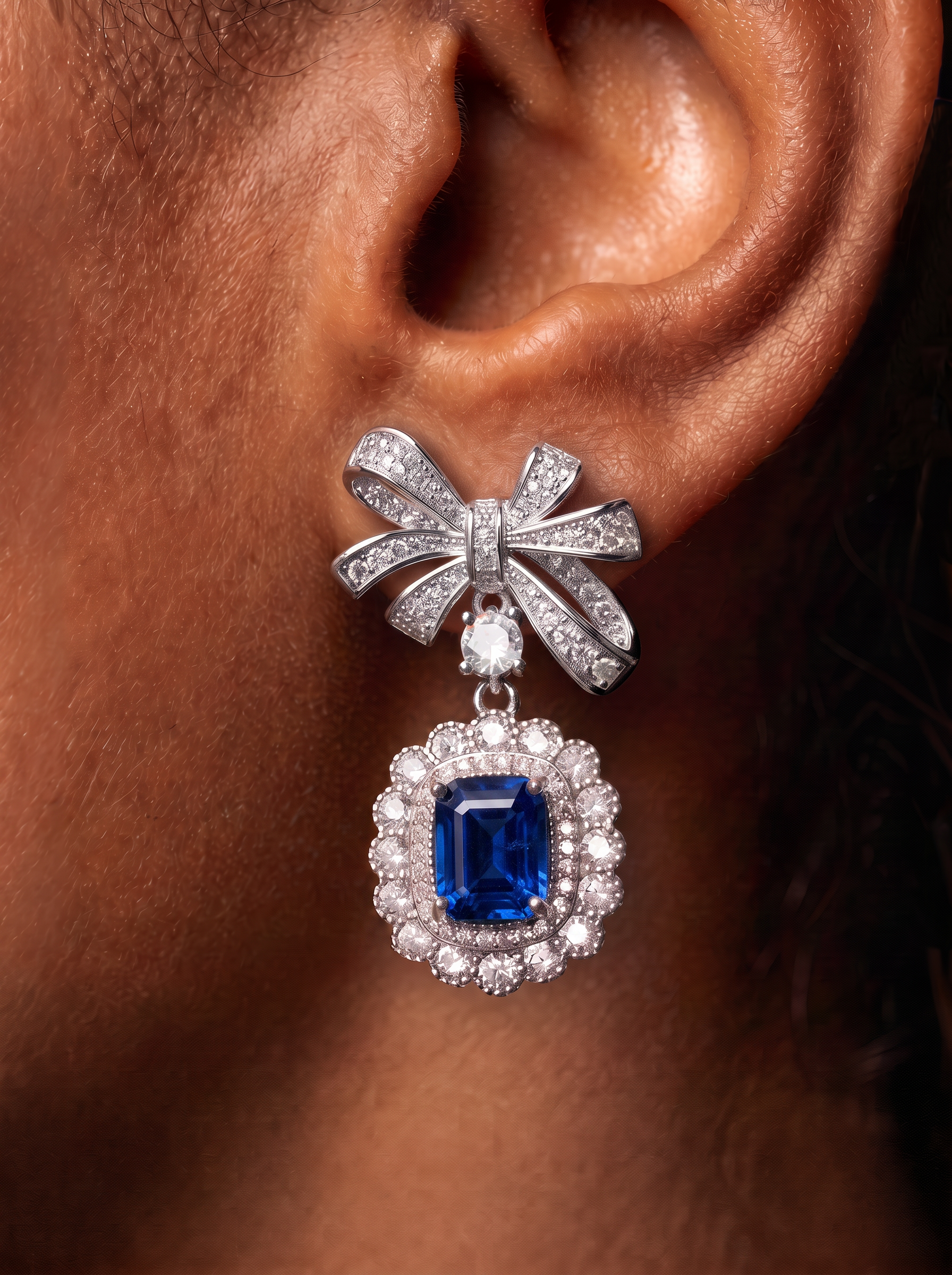 Emerald Brilliant Cut Ruby/Sapphire Earrings - Bow Cascade