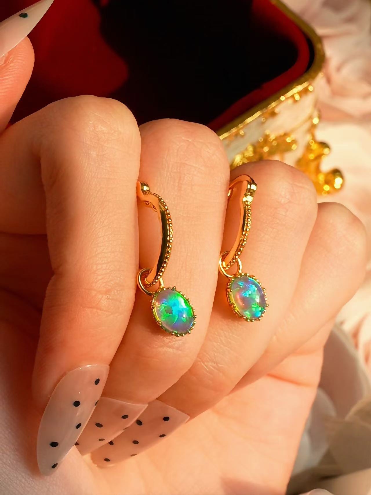 Oval Brilliant Cut Cabochon Opal Earrings - Aurora Tear