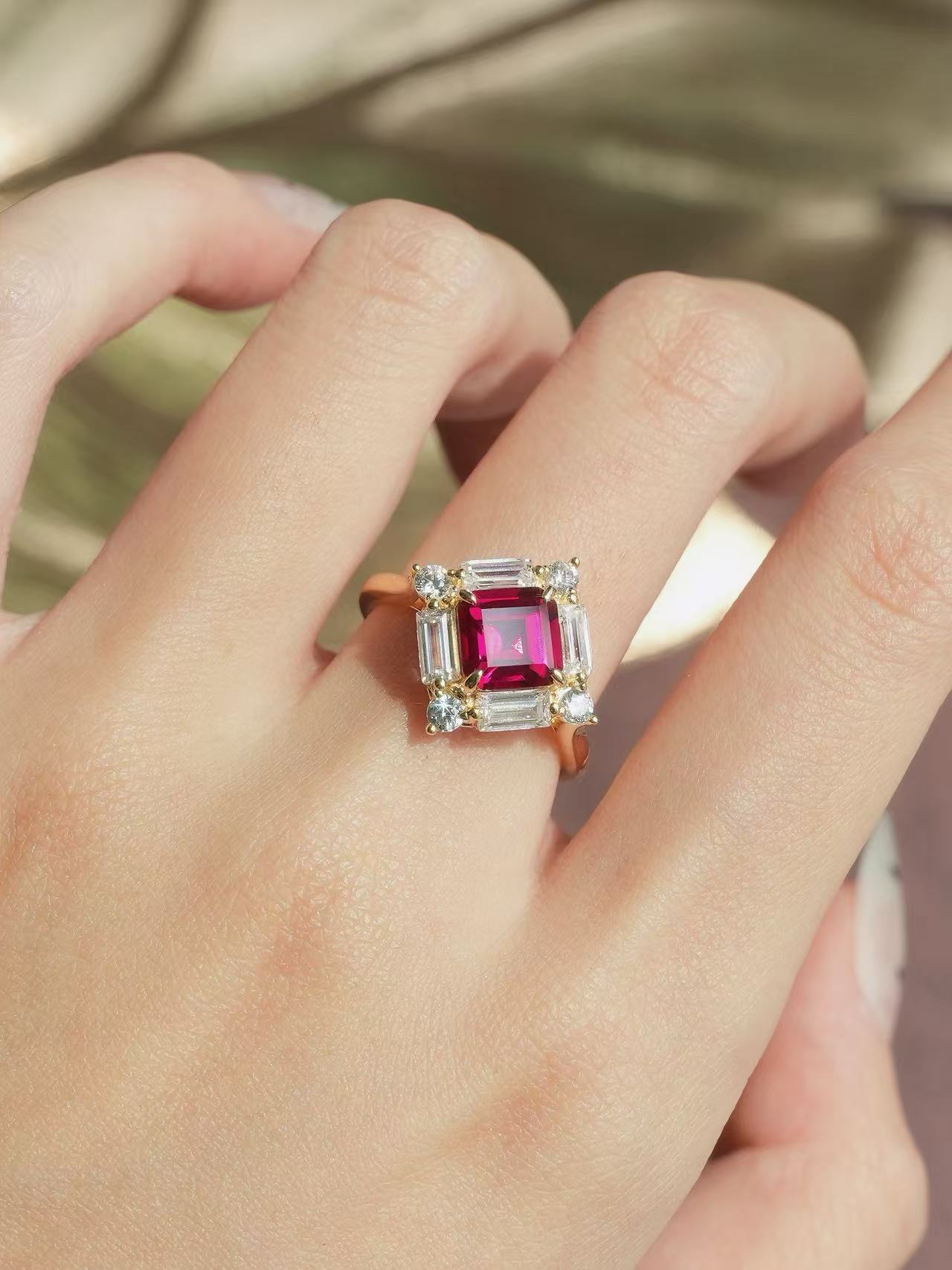 Emerald Brilliant Cut Ruby Ring - Majestic Red