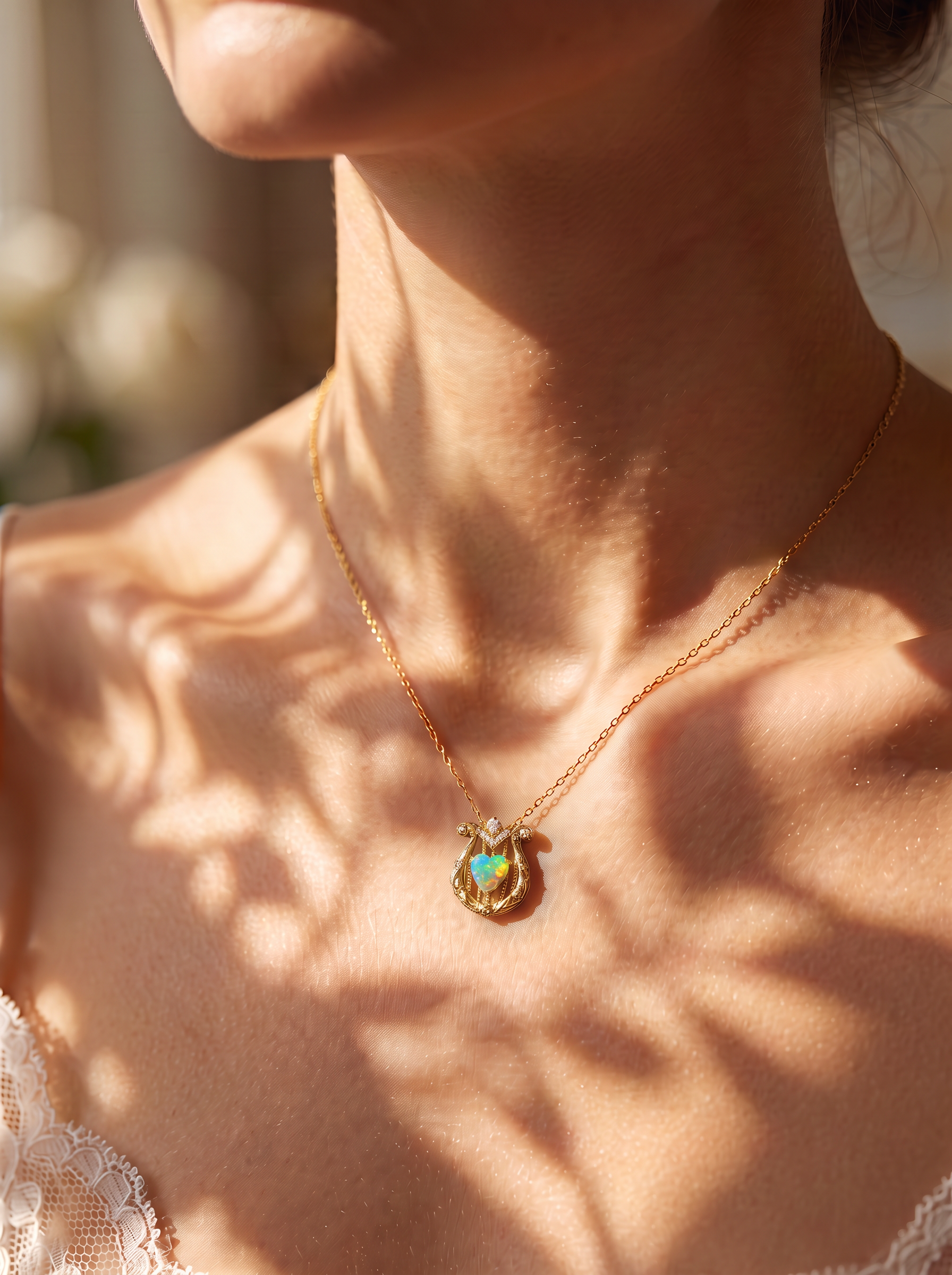 Heart Brilliant Cut Cabochon Opal Necklace - Harp Love Song