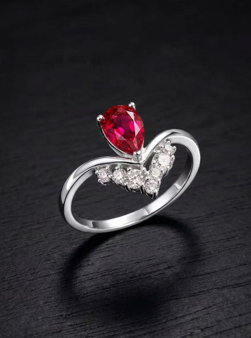 Ruby-Pear Brilliant Cut Ring-Firelight Crown