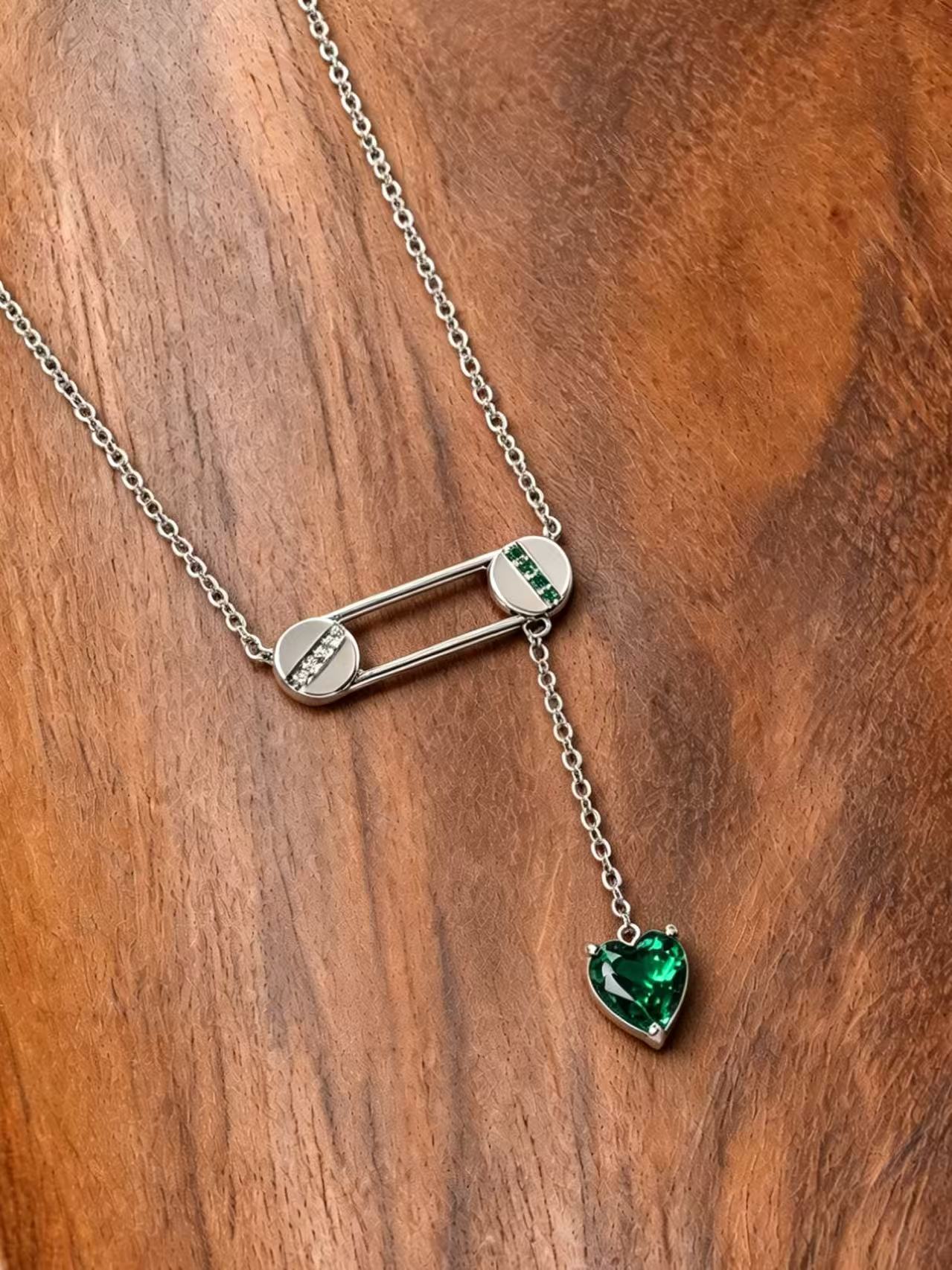 Heart Brilliant Cut Emerald Necklace - Pin & Heart
