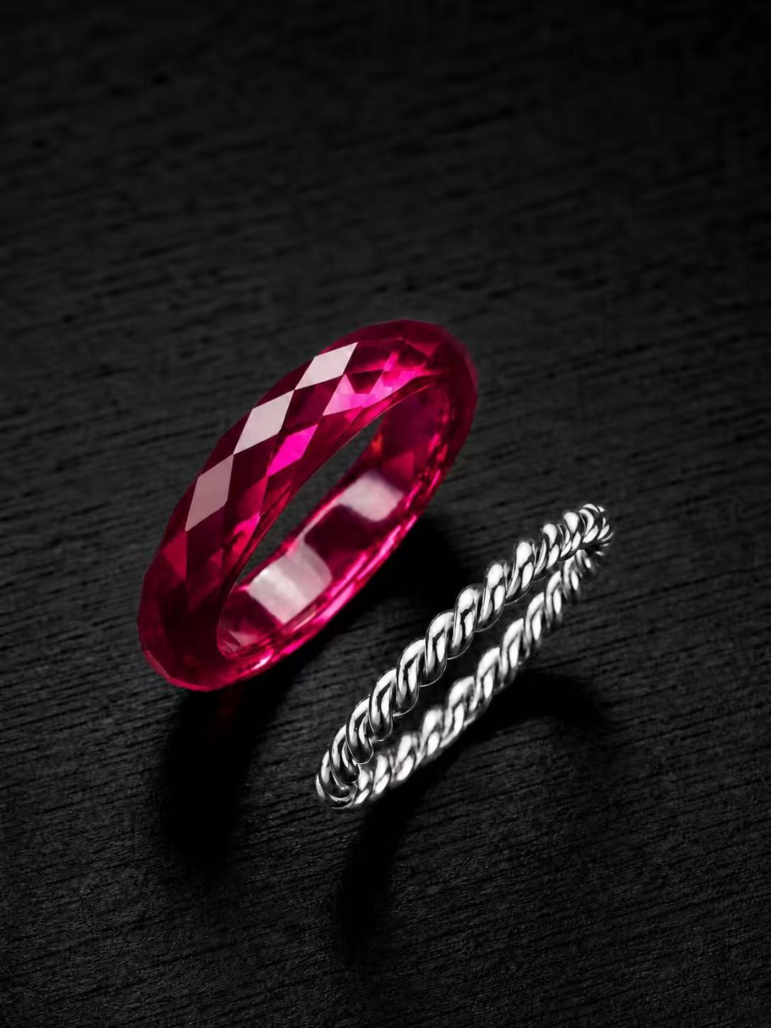 Ruby-360-Degree Faceted+Twisted Metal Silver Rings