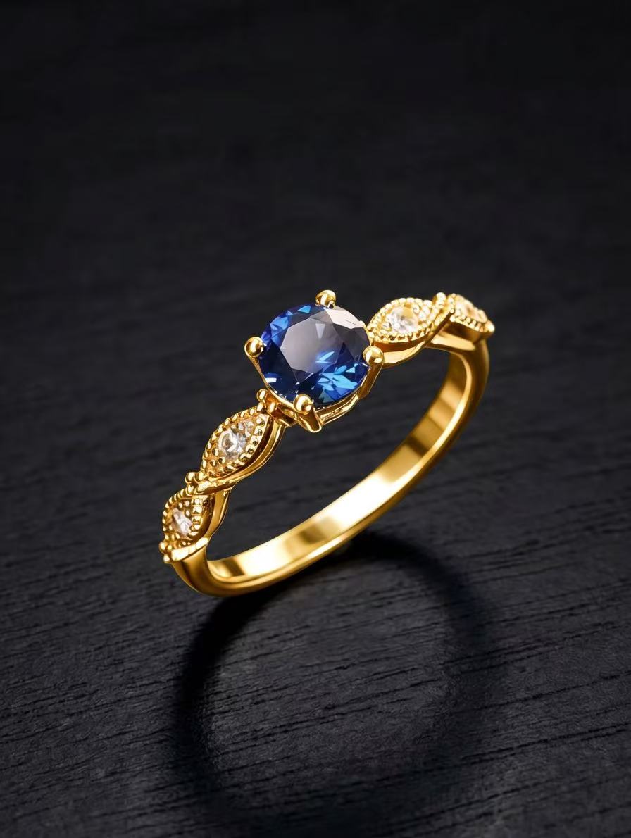 Sapphire-Round Brilliant Cut Ring-Floral Elegance