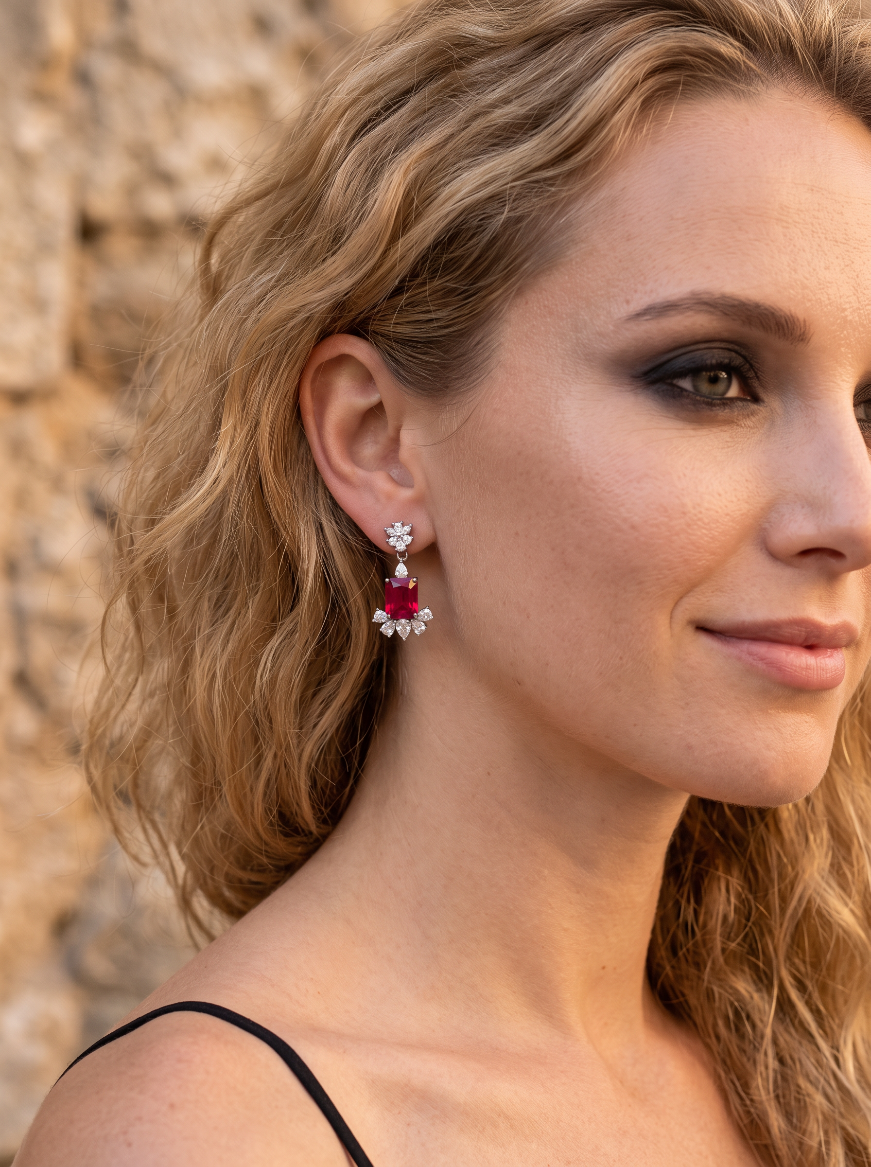 Rectangular Brilliant Cut Ruby Earrings - Petal Pendency