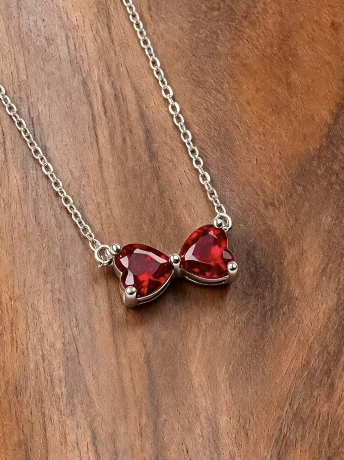 Heart Brilliant Cut Ruby Necklace -  Twin Crimson Hearts