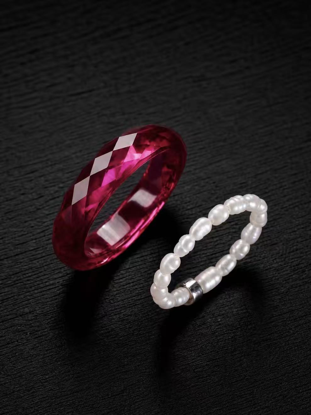 Ruby-360-Degree Faceted+Pearl Rings