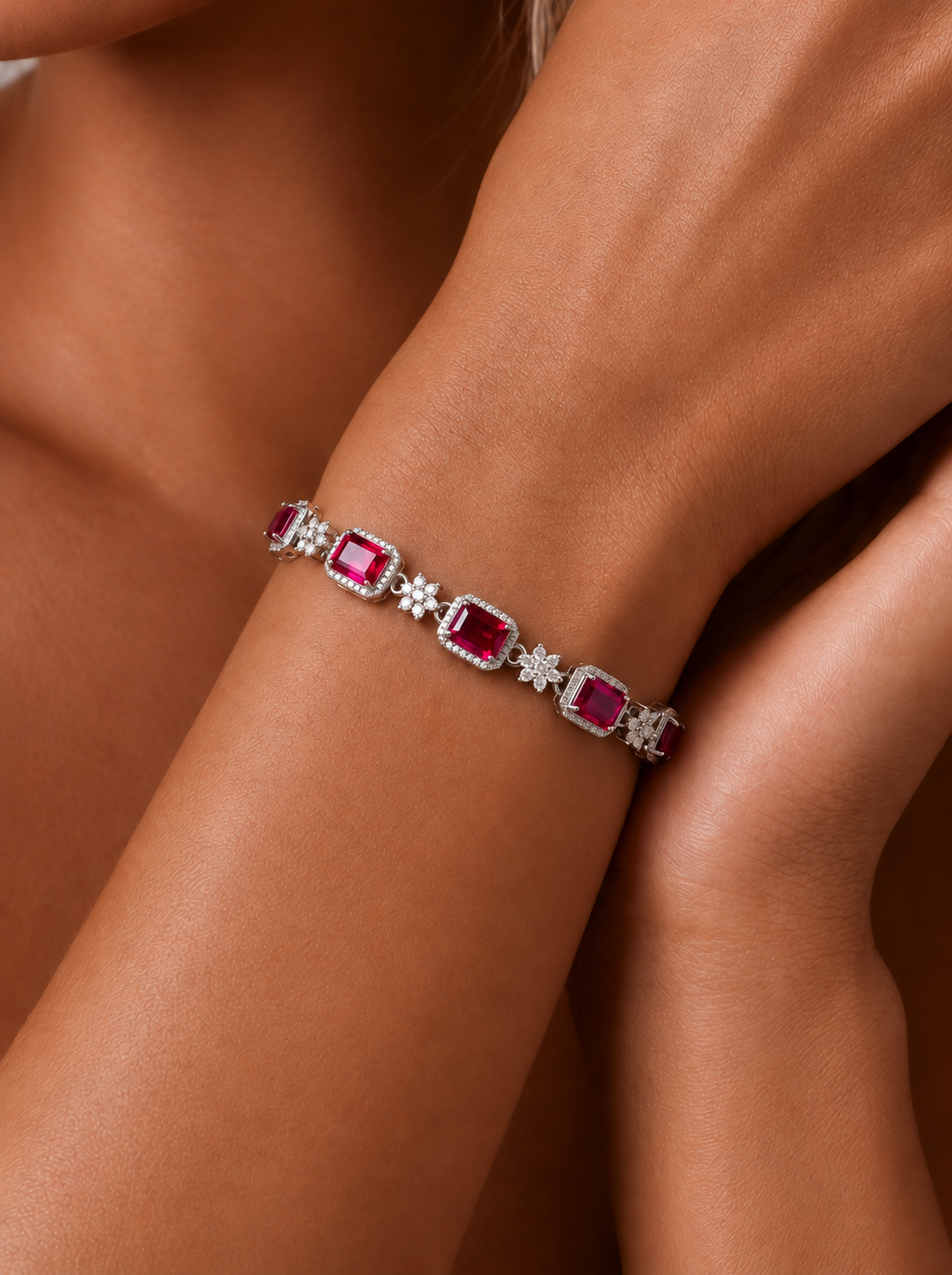 Emerald Brilliant cut Ruby Bracelet - Crimson Bloom