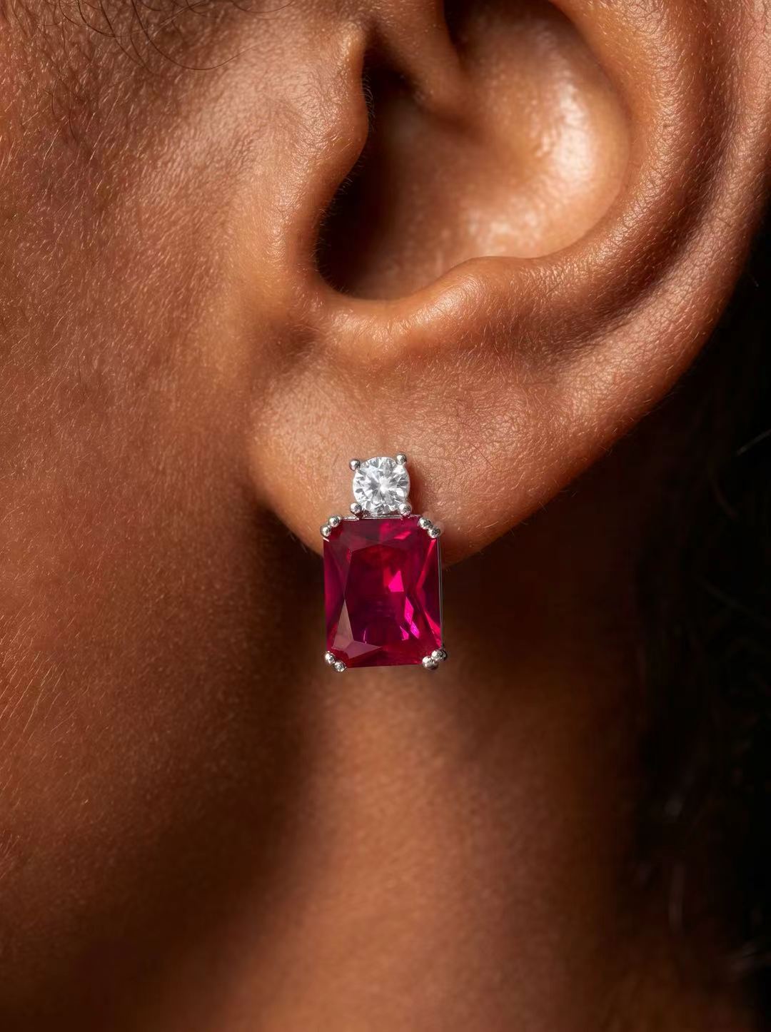 Rectangular Brilliant Cut Ruby Earrings - Scarlet Glow