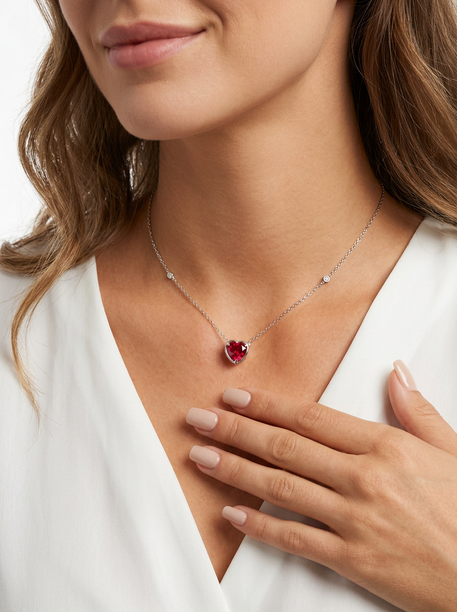 Heart Brilliant Cut Ruby Necklace -  Heart Blaze