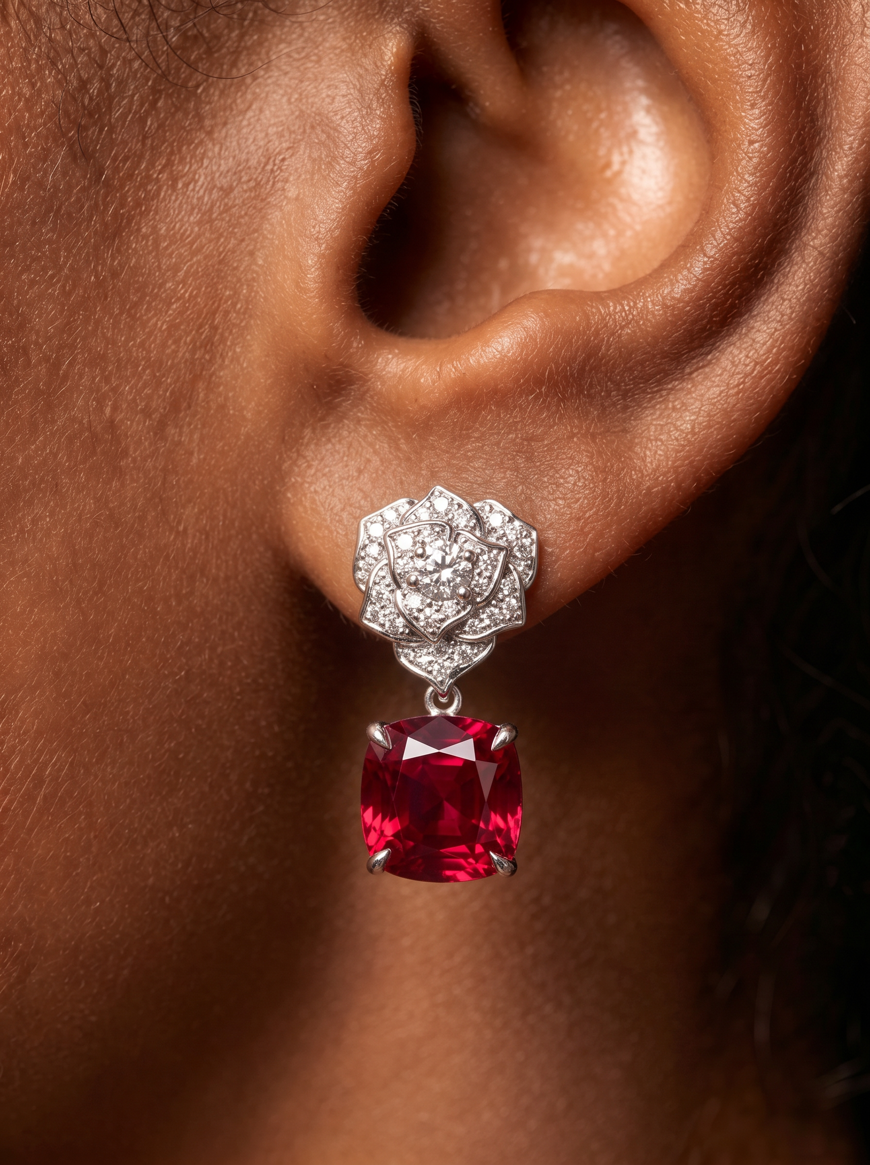 Cushion Brilliant Cut Ruby Earring - Rosebud 