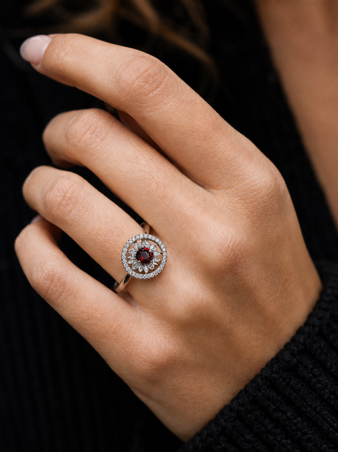 Garnet-Round Brilliant Cut Spinner Ring-Fortune Blossom