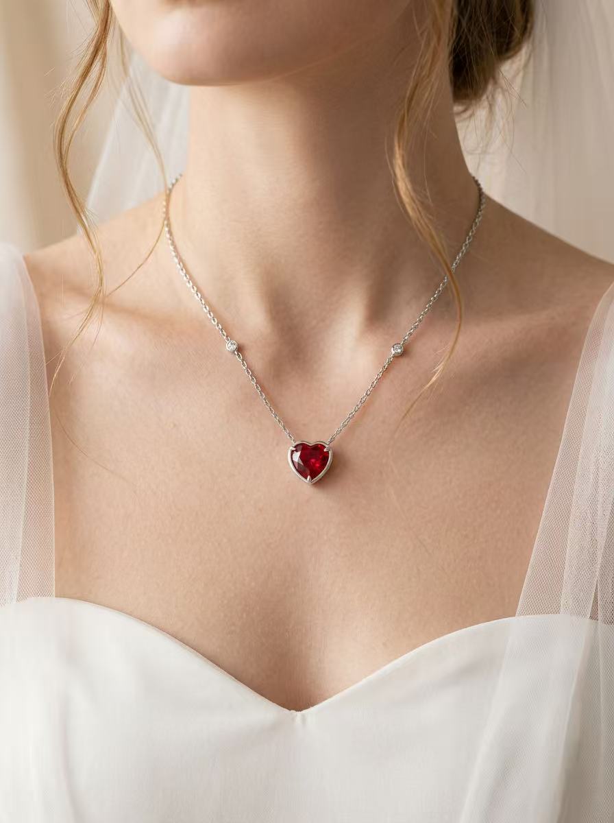 Heart Brilliant Cut Ruby Necklace -  Heart Blaze