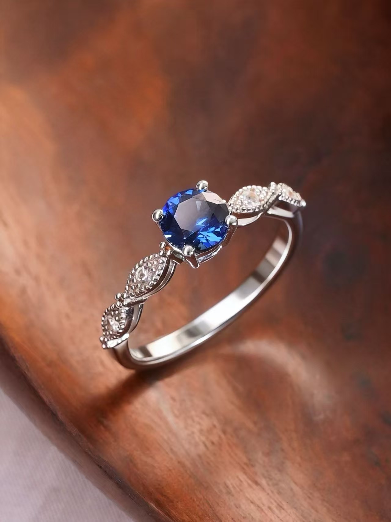 Round Brilliant Cut Sapphire Ring - Floral Elegance