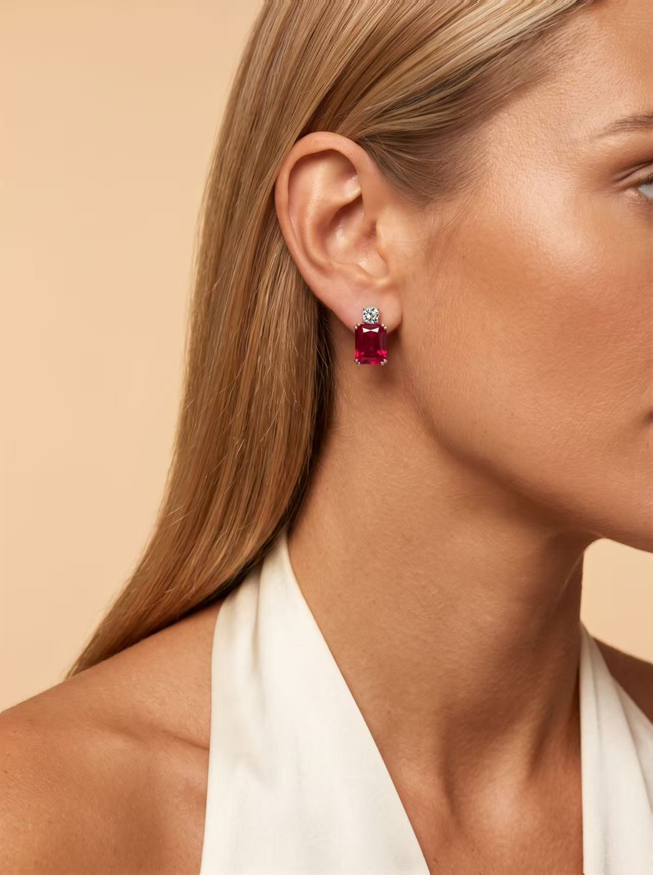 Rectangular Brilliant Cut Ruby/Sapphire Earrings - Scarlet Glow