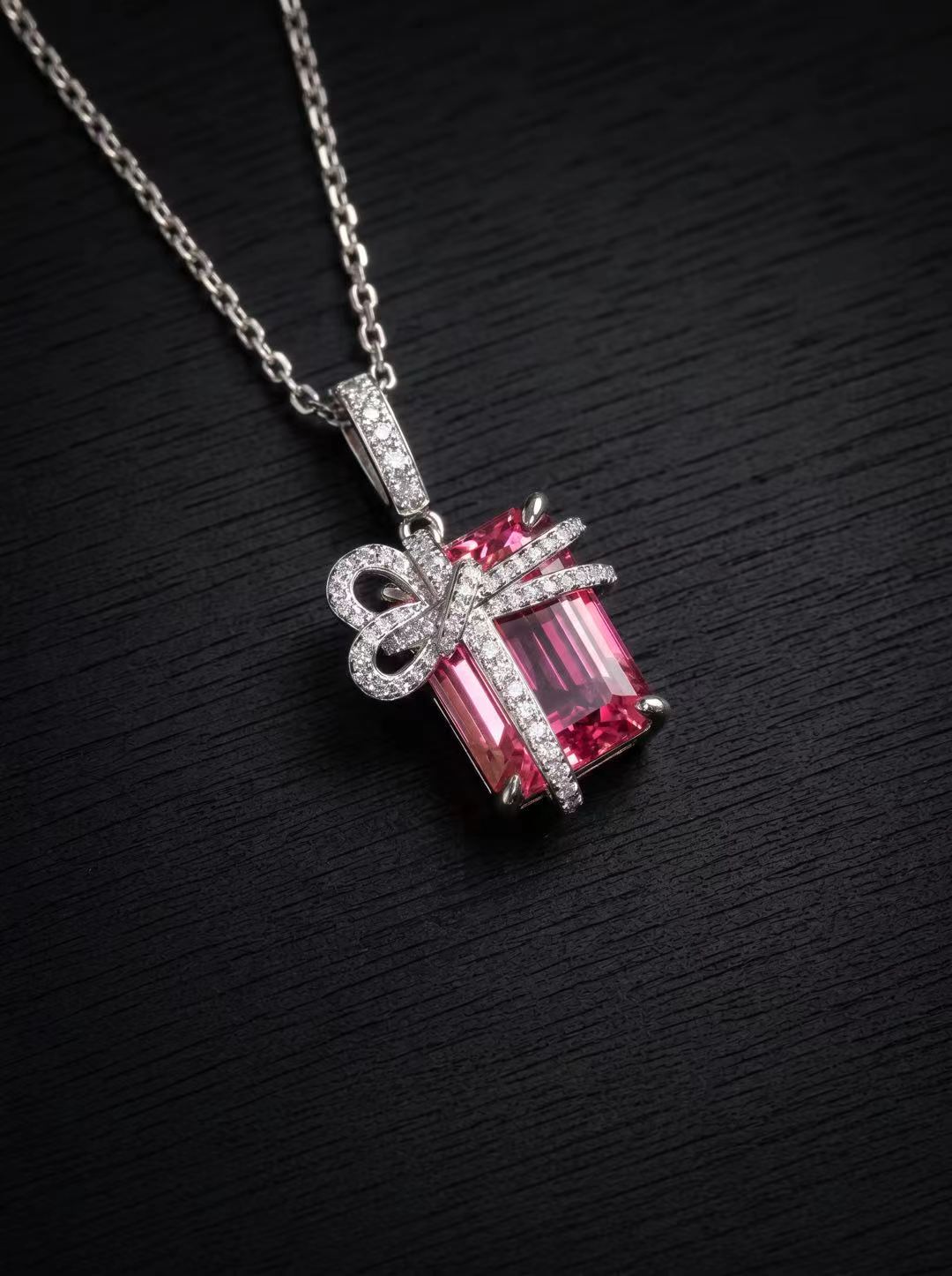 Padparadscha-Emerald Brilliant Cut Necklace-Bow Present