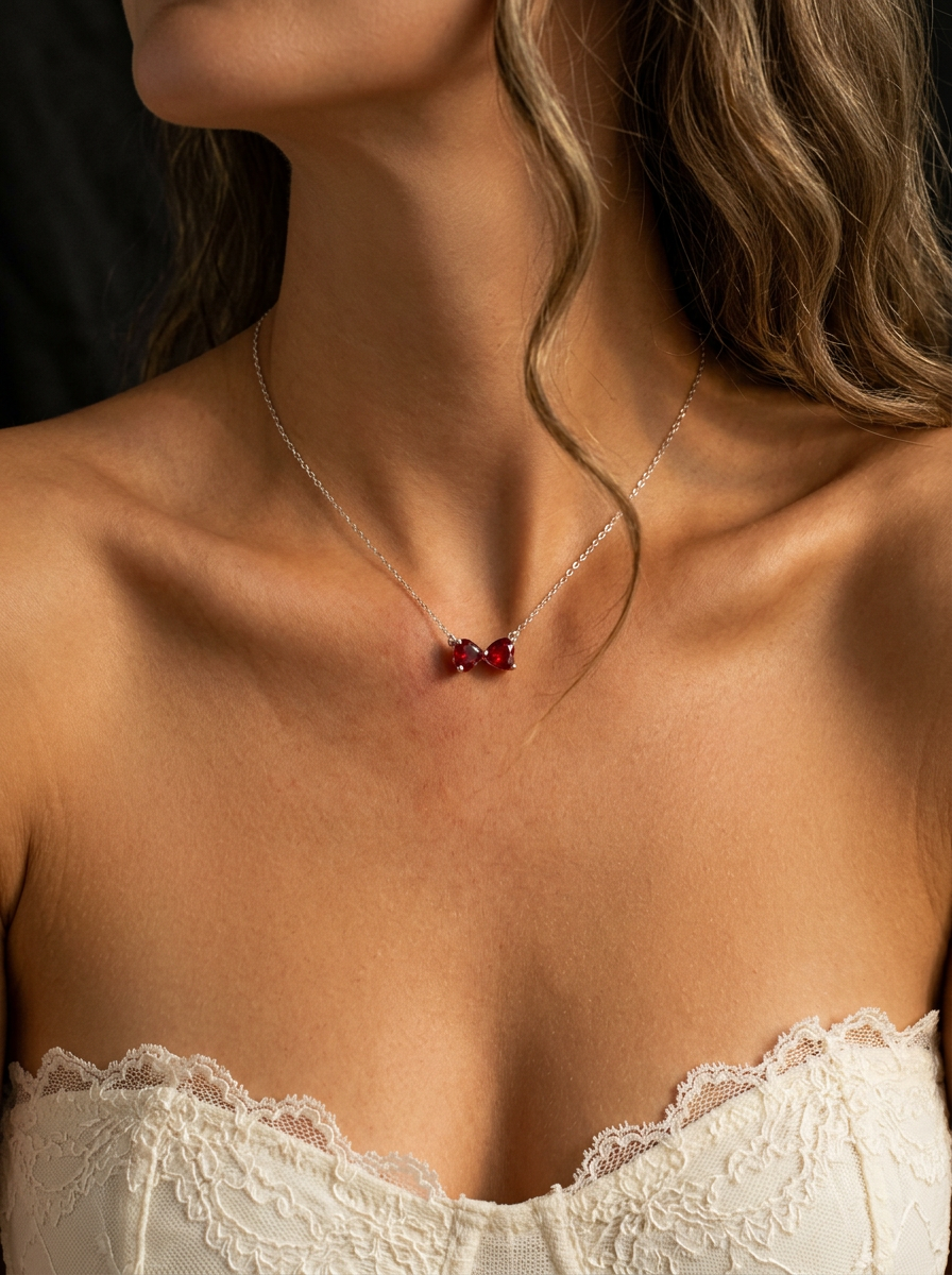 Heart Brilliant Cut Ruby Necklace -  Twin Crimson Hearts