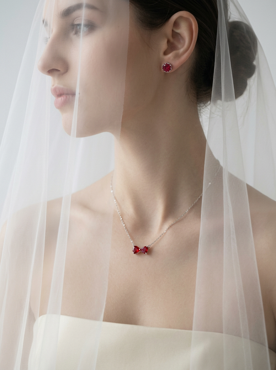 Heart Brilliant Cut Ruby Necklace -  Twin Crimson Hearts