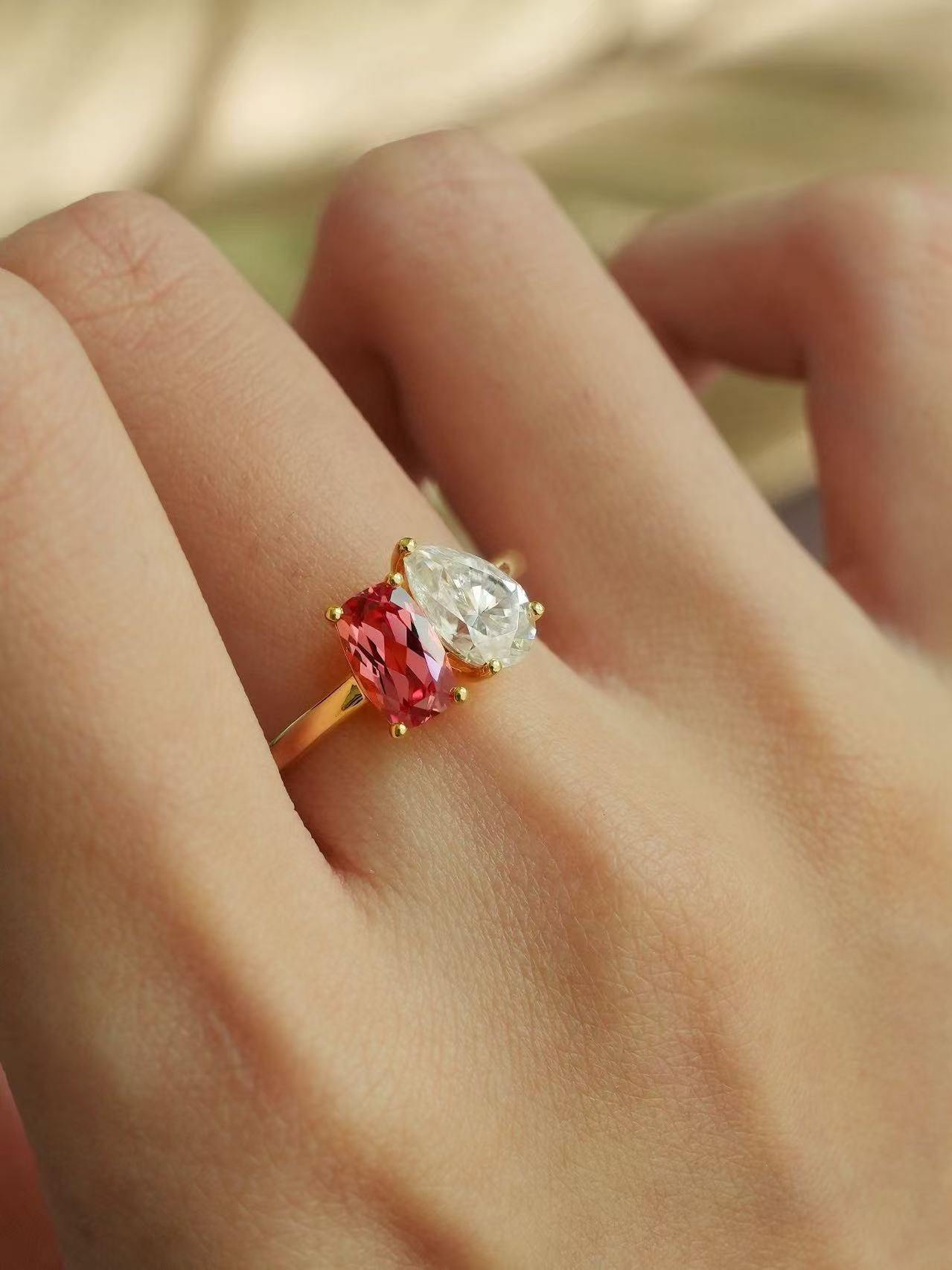 Padparadscha and Moissanite Toi Et Moi Ring - Amore Duo