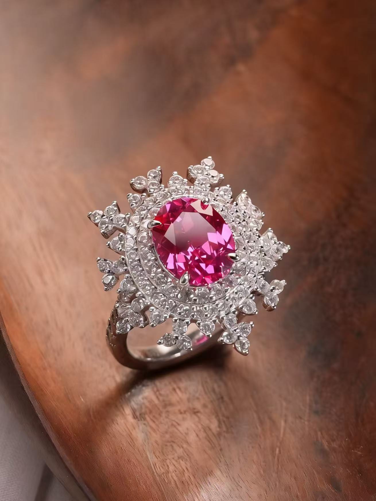 Oval Brilliant Cut Pink Sapphire Ring - Pink Snowflake