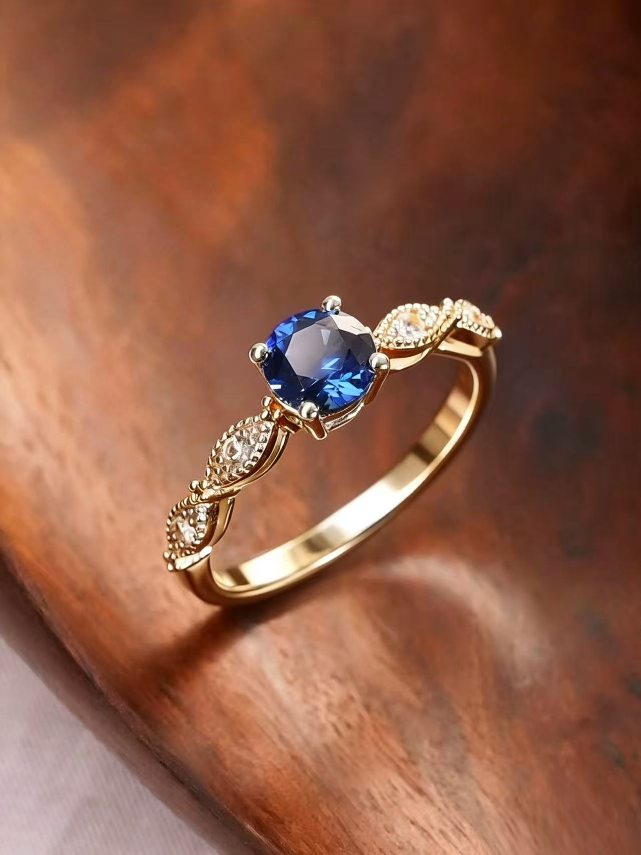 Round Brilliant Cut Sapphire Ring - Floral Elegance
